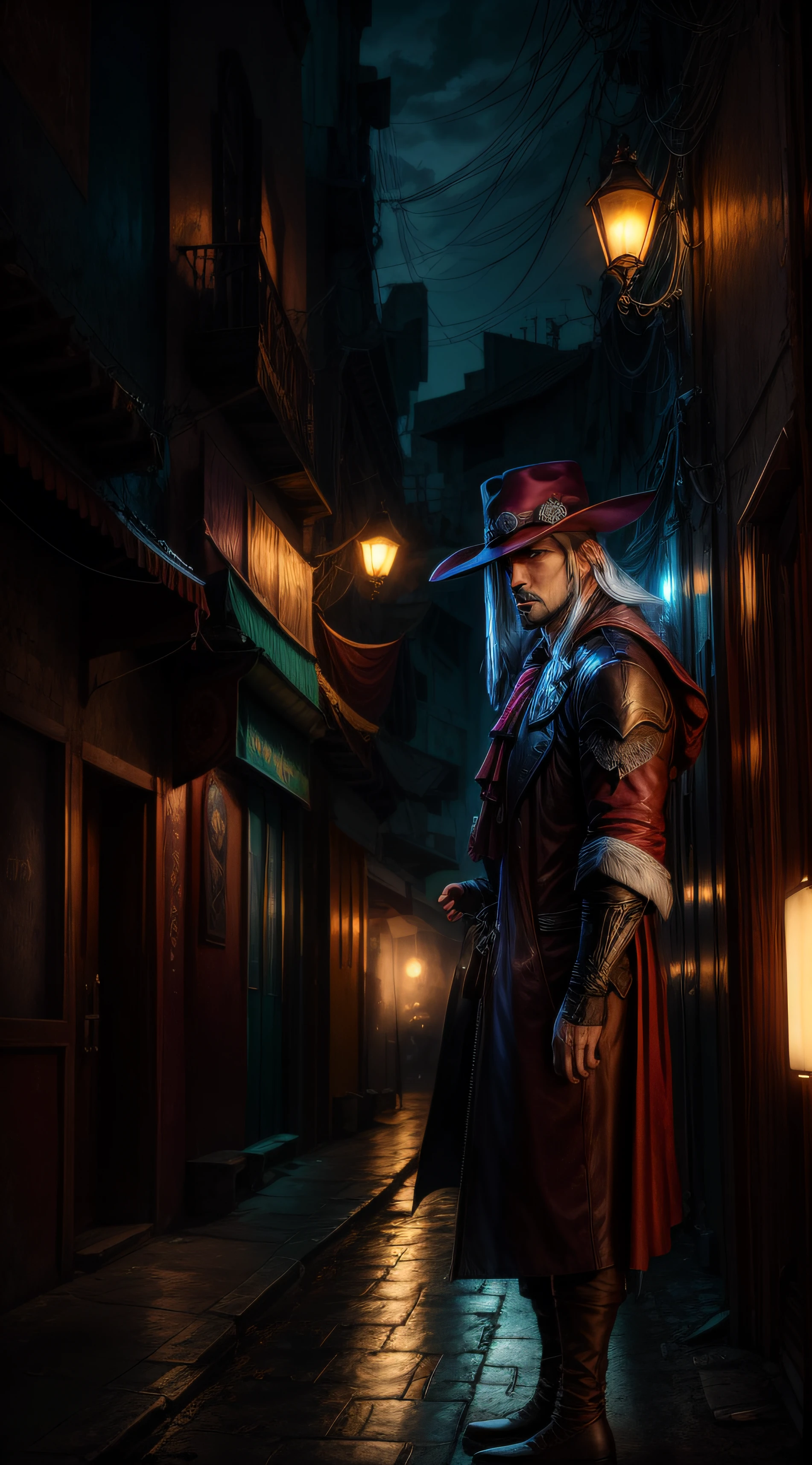 O premiado BEN AFFLECK, fotorrealista, master part, Closeup, retrato do personagem, Visualizador da frente,BEN AFFLECK , (olhos alaranjados), (olhos brilhantes), longos cabelos brancos, (Vintage Red Victorian Gothic Tailcoat Jacket), ( Ascot Preto), (Extreme Black Big Brim curvado para baixo / Men's Round Crown Hat), (Orelhas de Leprechaun), ,,,, chuvisco do'urden, thancred, Final Fantasy Sephiroth, albino mystic, Sephiroth, humano masculino como Geralt de rivia, Geralt, Rívia, quebrar, douto_Incorpora, 'Dreaming ethereal, ethereal, diffuse, illumination', «Bokeh, profundidade de campo rasa, desfoque de fundo', fundo fosco, 'double exposure, fotografia premiada', 'de Blade Runner 2049', 'fotografia urbana de rua', 'escuro, agourento, Assombrando, pressentimento, sombrio, tempestuoso, agourento, sombrio, angustiante', pele fotorrealista --auto