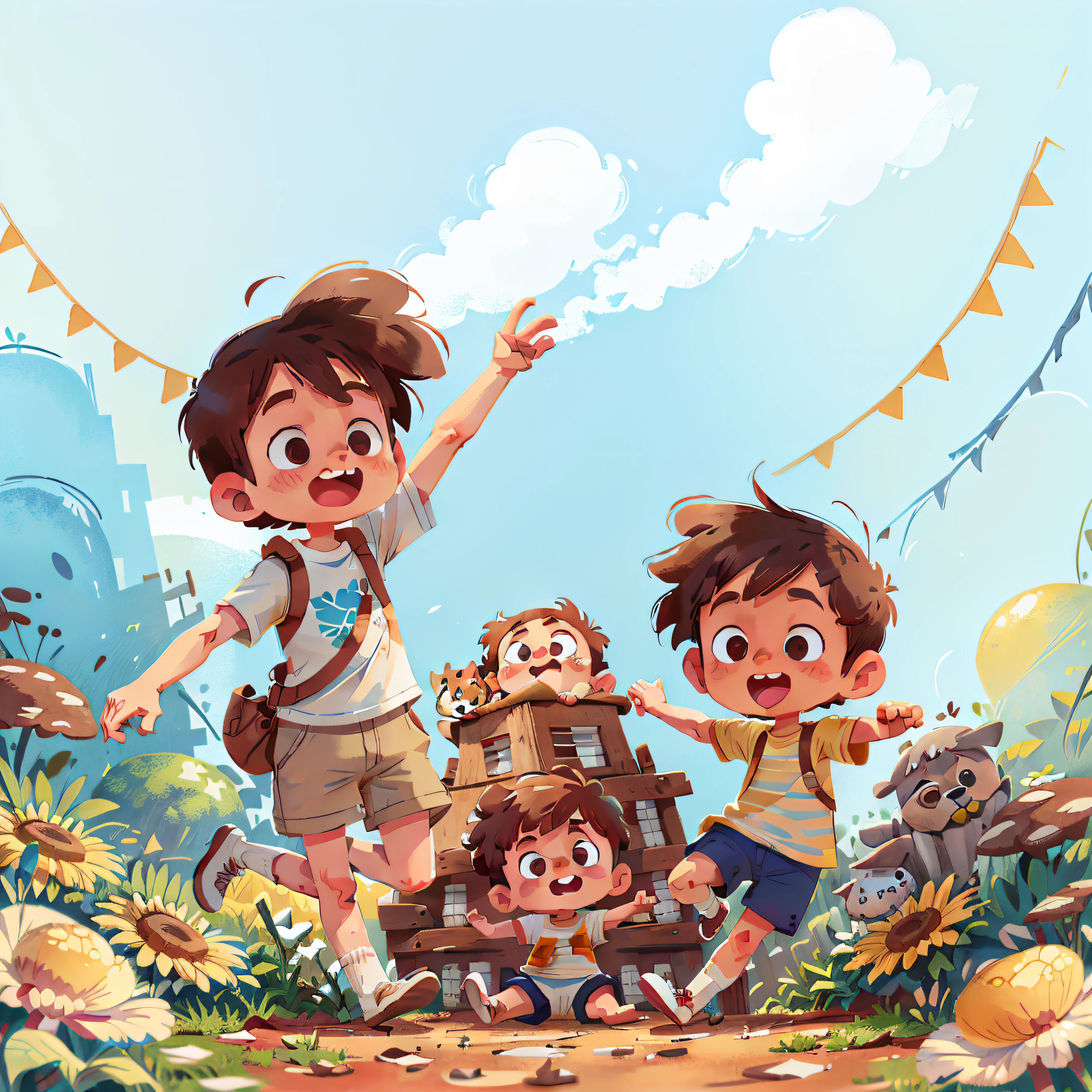 A and dog, boy wearing white short sleeves, brown hair, dayman's hairstyle, dog sticking out his tongue happily, blue sky, happy, jumping, happy --v 6