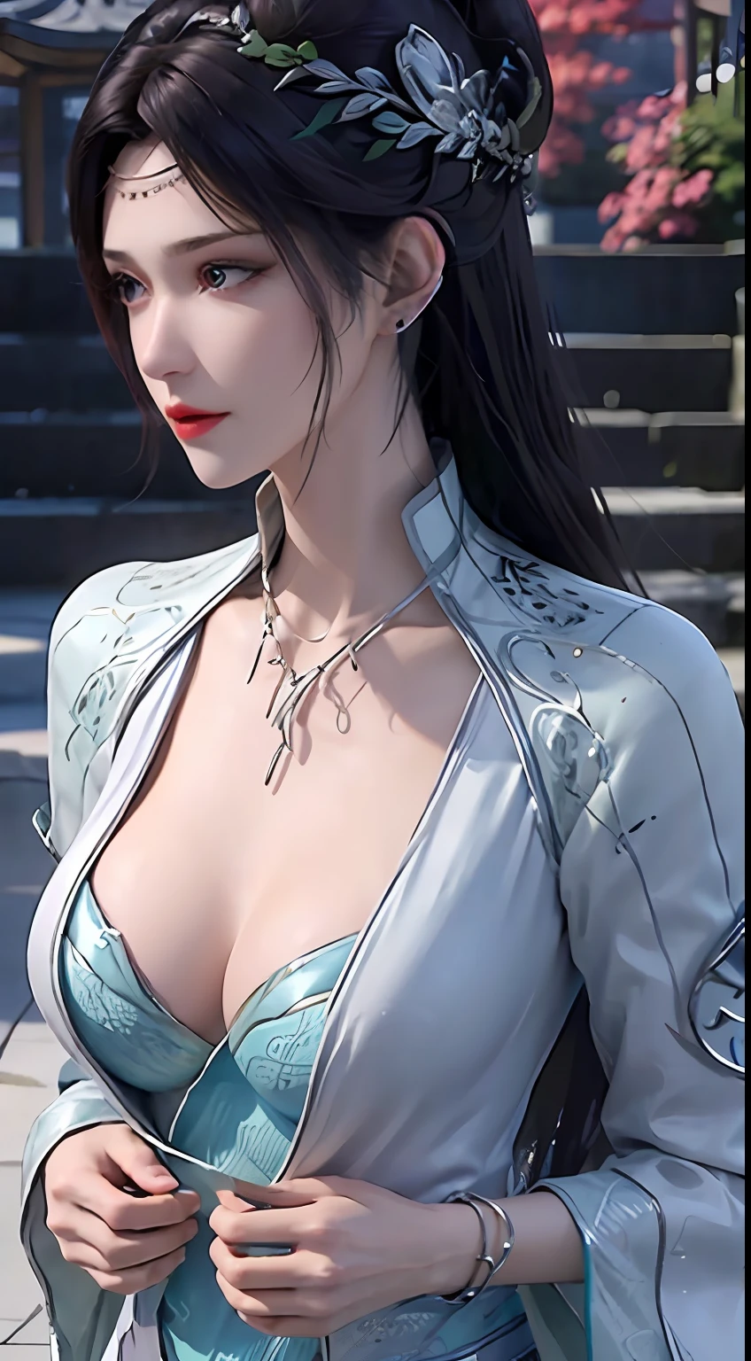 1 beautiful girl in Han costume, thin blue silk shirt with many white patterns, white lace top, long platinum purple ponytail, hair jewelry, ear jewelry, necklace and necklace, big blue eyes drawn meticulously, meticulous makeup, thin eyebrows, high nose, pretty red lips, no smile, pursed lips, rosy cheeks, enlarged breasts, huge breasts, well-proportioned breasts, slim waist, purple mesh socks, chinese hanfu style, fictional art textures, vivid and true to color, RAW photos, realistic photos, ultra-high quality 8k surreal photos, (fantastic lighting effects effect: 1.8), 10x pixels, magic effect (background): 1.8), super detailed eyes, girl portrait, girl alone, hanfu historical background,