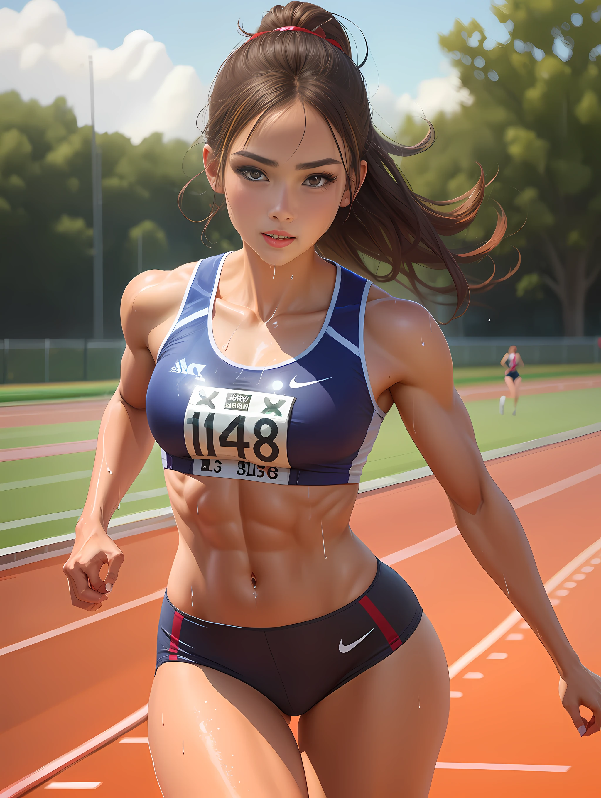 (Digital Painting),(Best Quality), 1girl in,Track and field uniform,charming face,small head,big beatiful eyes,large breasts,Trained abs,nice legs,wet skins sweat,Track and field,