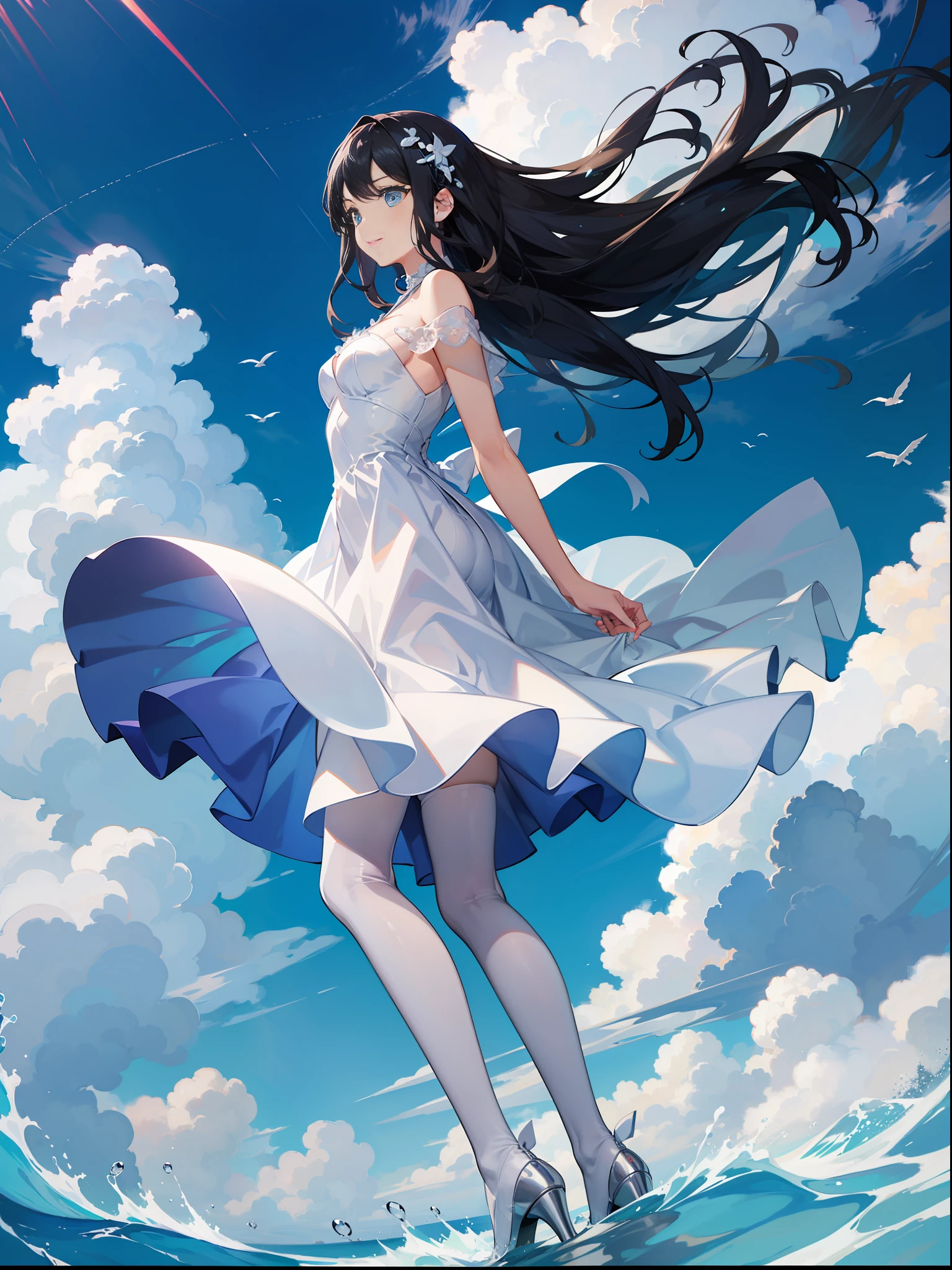 white dresses，depth of fields，Tilt forward，Floating hair，cabelos preto e longos，ssmile，exteriors，blue-sky，​​clouds，the ocean，white stockings