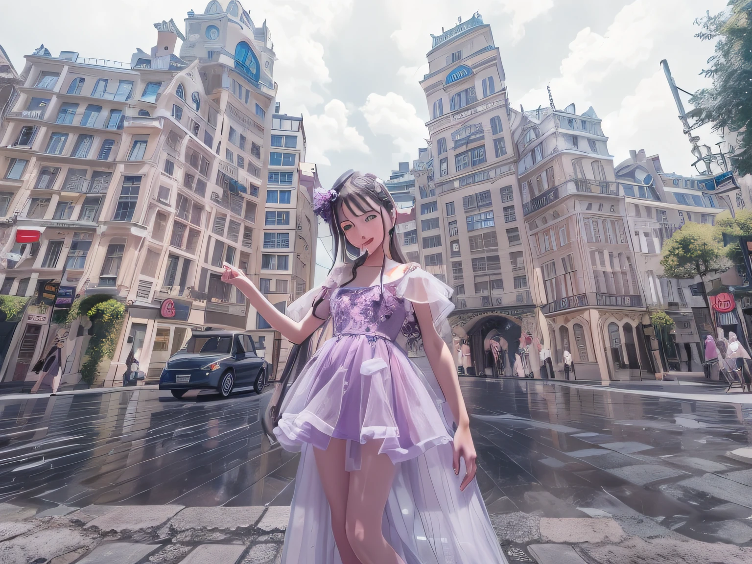 A in a dress stood on the street, standing in a city center, wandering in the city, in front of a fantasy city, wearing organza gown, in a city square, In the middle of the city, wearing purple romantic tutu, little girlal powers, Palace , A girl in Hanfu, gothic city streets behind her