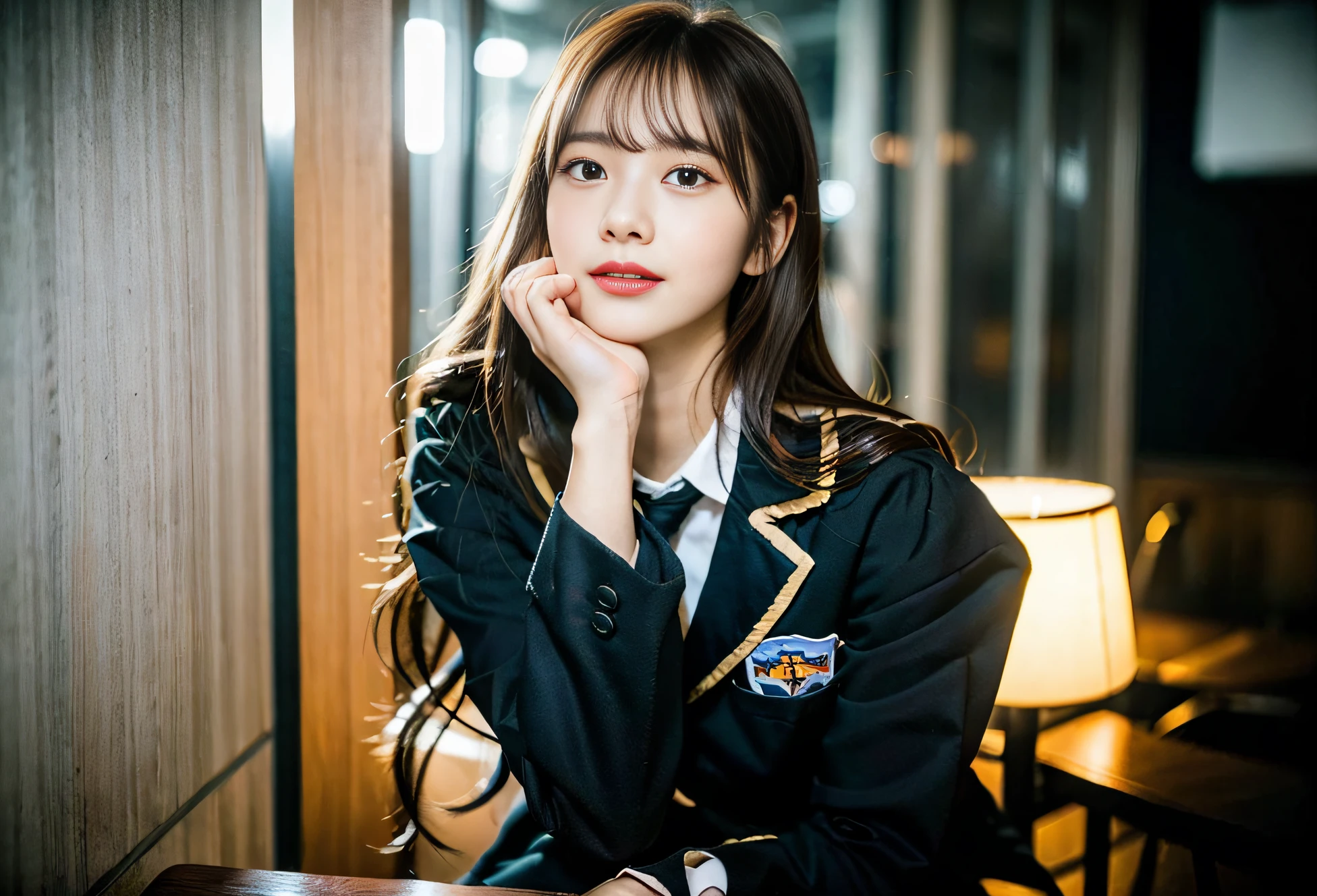 (8K、Raw photography、top-quality、masterpiece:1.2)、ultra-detailliert、ultra res、(realisitic、Real Photographics:1.47)、(High school girl throwing kiss at camera)An Internet café full of heart、One eye is closed、Japan school uniform、(Fantastic lighting)Throwing Kisses、Spread your palms facing up in front of your mouth、head to waist、de pele branca、Fair-skinned female proofreading、An ultra-high picture quality、、Beautiful female proofreading reflecting in light、looking downwards、amazing detailed、Beautiful girls in very detailed、Faces with different patterns、Different face patterns、Each hairstyle has its own characteristics、Farbe々Hairstyle、Farbe々Hair color shining with clean light、Brown hair shining in the light、One has a ponytail、、Modern cute high school girl、very detailed faces very detailed eyes、Very realistic skin、 extremely detailed fingers, highly detailed nose, highly detail mouth, perfect anatomia, Highly detailed sailor suit、、The details of their hair and uniforms shine through、、Realistic body, de pele branca, glistning skin, Slim body, Long straight hair, (Blunt bangs:1.2), , nixeu and sakimichan, TWICE, Seifuku, sakimichan, JK Uniform, wearing japanese school uniform, promo still, Larisa Manobal, Japan school uniform, japanese girl school uniform, alena aenami and lilia alvarado
