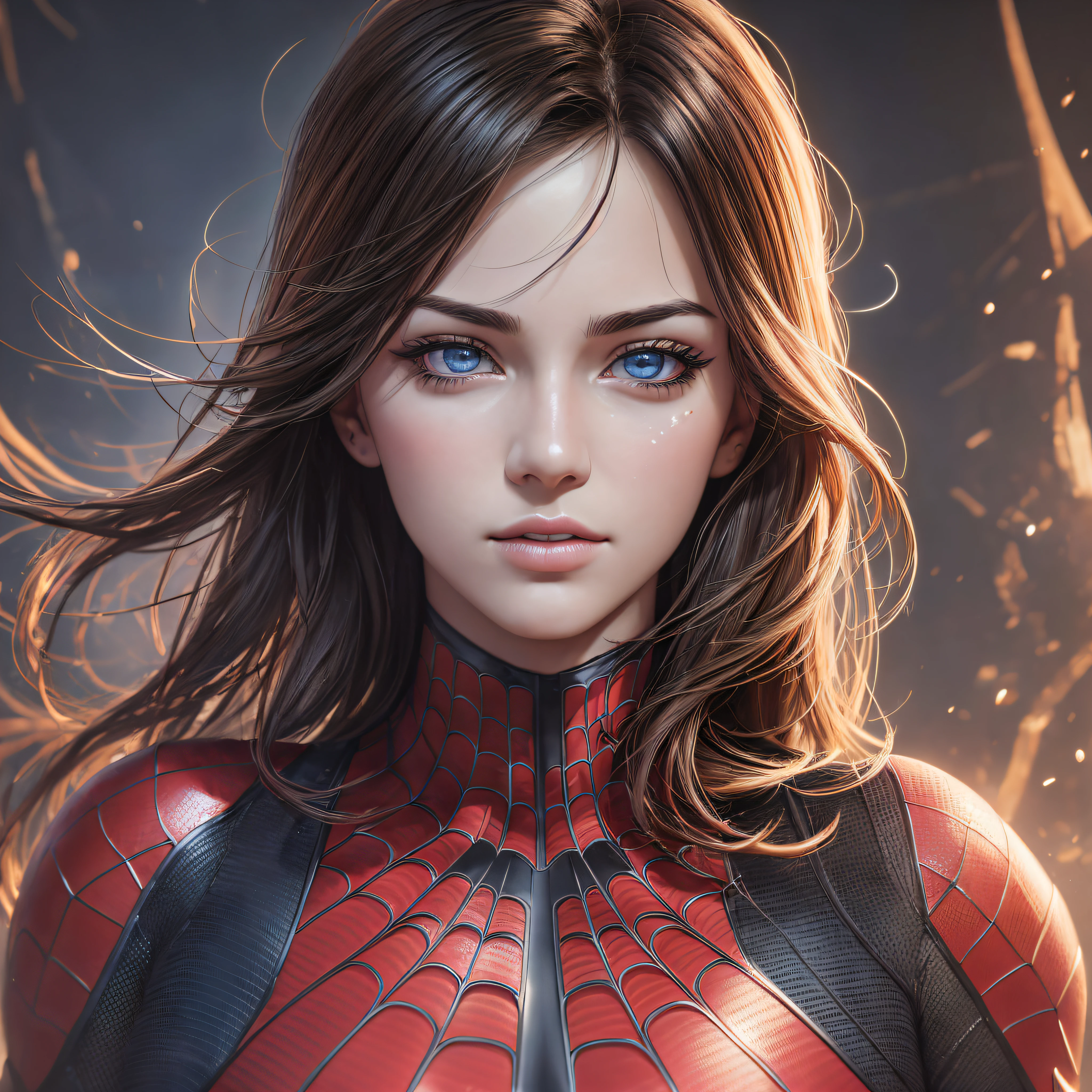 (1girl:1.3), Solo, (((Very detailed face)))), ((Very detailed eyes and face)))), Beautiful detail eyes, Body parts__, Official art, Unified 8k wallpaper, Super detailed, beautiful and beautiful, beautiful, masterpiece, best quality, original, masterpiece, super fine photo, best quality, super high resolution, realistic realism, sunlight, full body portrait, amazing beauty, dynamic pose, delicate face, vibrant eyes, (from the front), She wears Spider-Man suit, red and black color scheme, spider, very detailed city roof background, rooftop, overlooking the city, detailed face, detailed complex busy background, messy, gorgeous, milky white, highly detailed skin, realistic skin details, visible pores, clear focus, volumetric fog, 8k uhd, DSLR, high quality, film grain, fair skin, photo realism, lomography, futuristic dystopian megalopolis, translucent --auto