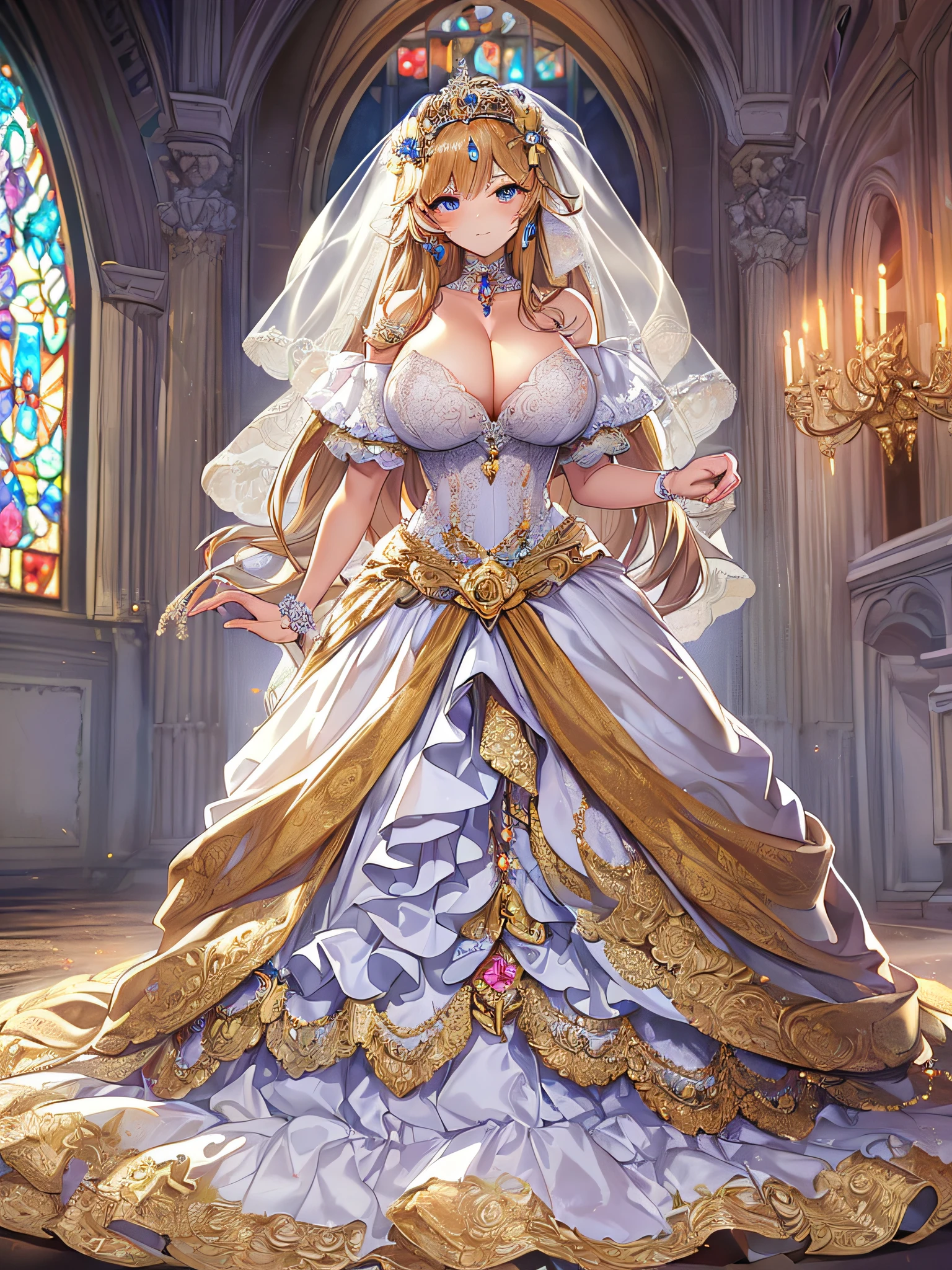 ((anime artstyle)),(Masterpiece),(Best Quality), (Super Detail),((Very Delicate and Beautiful)),Focus on character,Dynamic Angle,Looking at viewer,((Solo)),standing,((full body)),((one princess in gorgeous ball gown wedding dress with voluminous skirt)),((June bride)),detailed face and eyes,jewel-like eyes,((Very Long voluminous Hair)),gorgeous embroidery and lace,((gorgeous corsage)),See-through,ornate ruffles,(Gorgeous jewelry ornaments),luxury hair ornament,luxury tiara with jewels,(gigantic breasts,Long breasts),(indoor,church wedding),(full body),hoop skirt,crinoline,(((fusion of jeweled wedding dress and gorgeous embroidery rococo ballgown))),