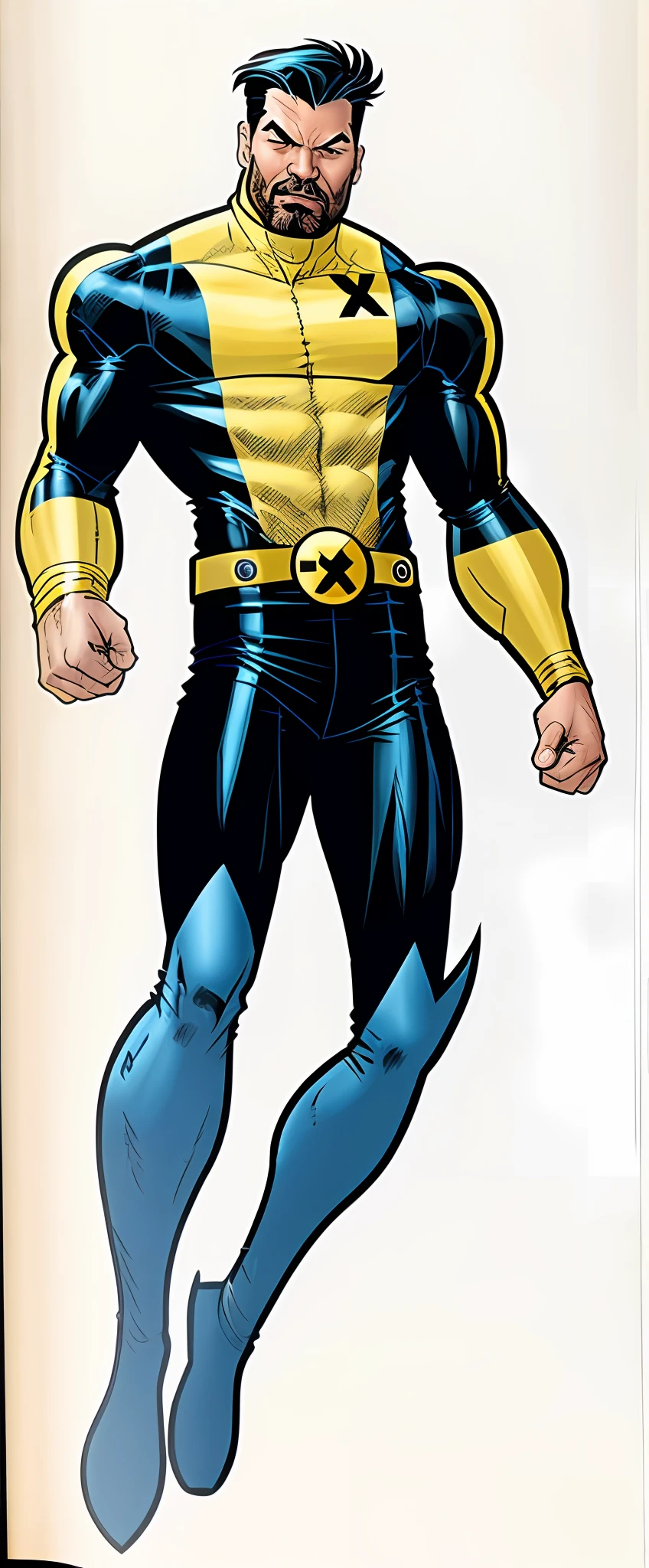 a close up of a young man in a yellow and blue costume, yellow x-man costume, comic book character, x-man costume, blue and yellow hero, inspired by John Romita Jr, john romita junior, x man costume, john romita senior, 2000s comic book character design, eyes (good positioning, good proportions, pupil), angry, clean face, clean features, eyes, defined and clear art, stern man, amazingly detailed, mustache, realistic build, like Mark Ruffalo, long beautiful hair, photographed on dslr, good eyes, peter parker