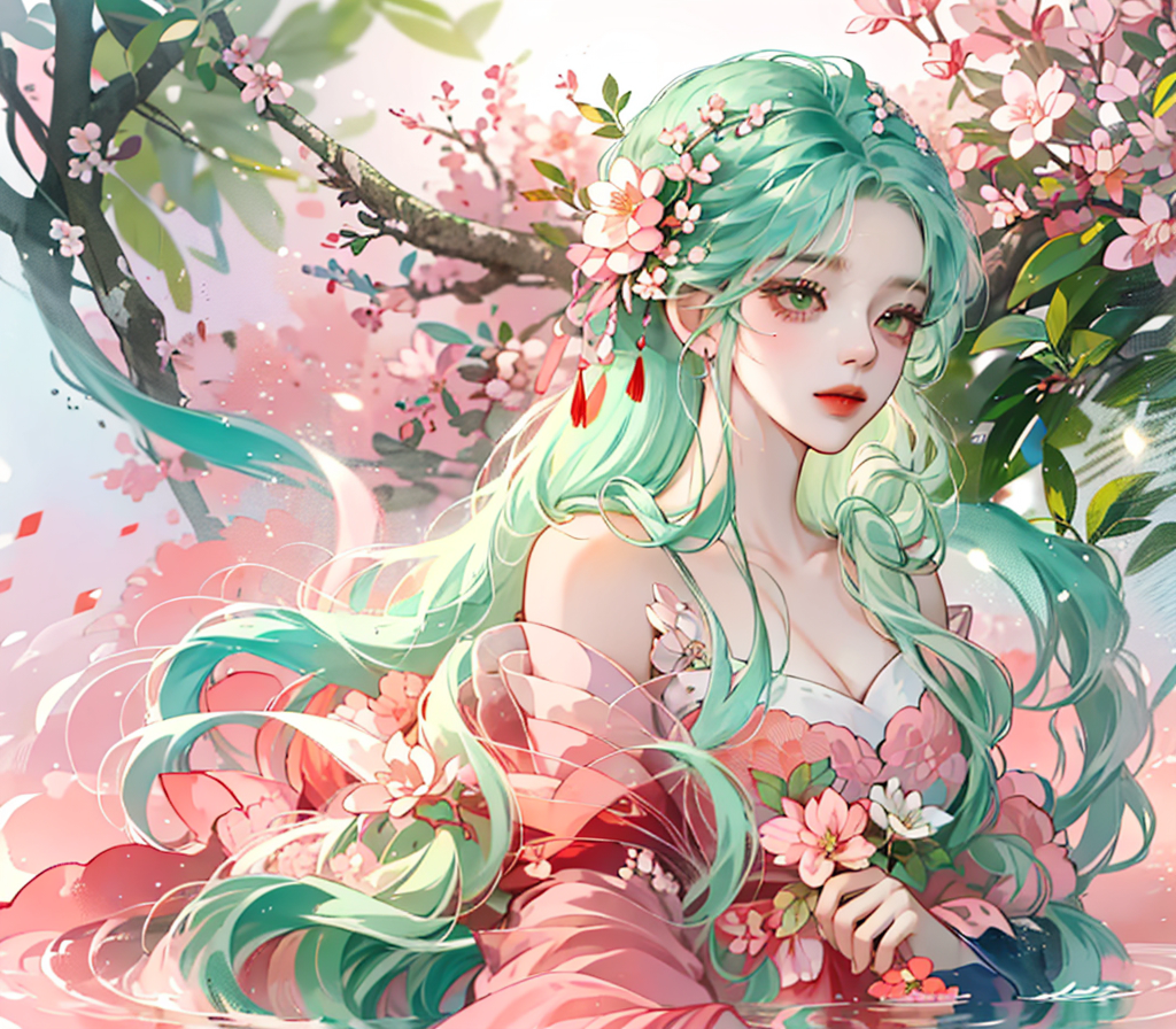 Still water flows deeply，Cangsheng Step Song Pink and green gradient flowing hair girl Red green gradient hair god girl Clear face description Pure white simple dress Extremely smooth long hair Long hair Plant anthropomorphism Peach blossom source god girl Peach blossom embellishment Spectacular background Overgrowth，Still water flows deeply，A song of vicissitudes， Girl with long flowing hair ，Goddess Maiden ，Lake blue red gradient hair，Plain white simple dress， Extremely smooth long hair， Anthropomorphization of furry plants ，spectacular backdrops，an abandonded courtyard， Overgrowth