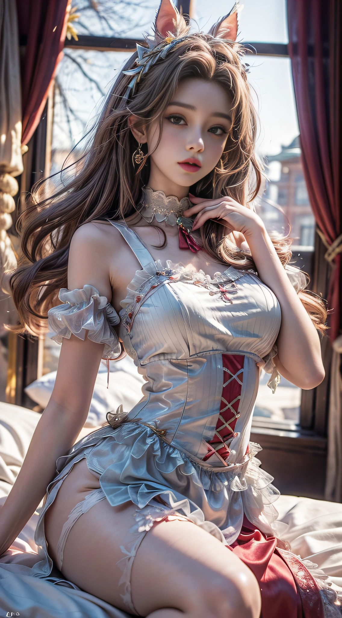 (8K, RAW photos, best qualtiy, tmasterpiece:1.2),(realisticlying, photograph realistic:1.4),Red dress, Chinese outfit,Lace, Aerith Gainsborough, The upper part of the body, undergarments,exposed bare shoulders, do lado de fora, Old castle, high high quality, Adobe Lightroom, highdetailskin, looking at viewert,