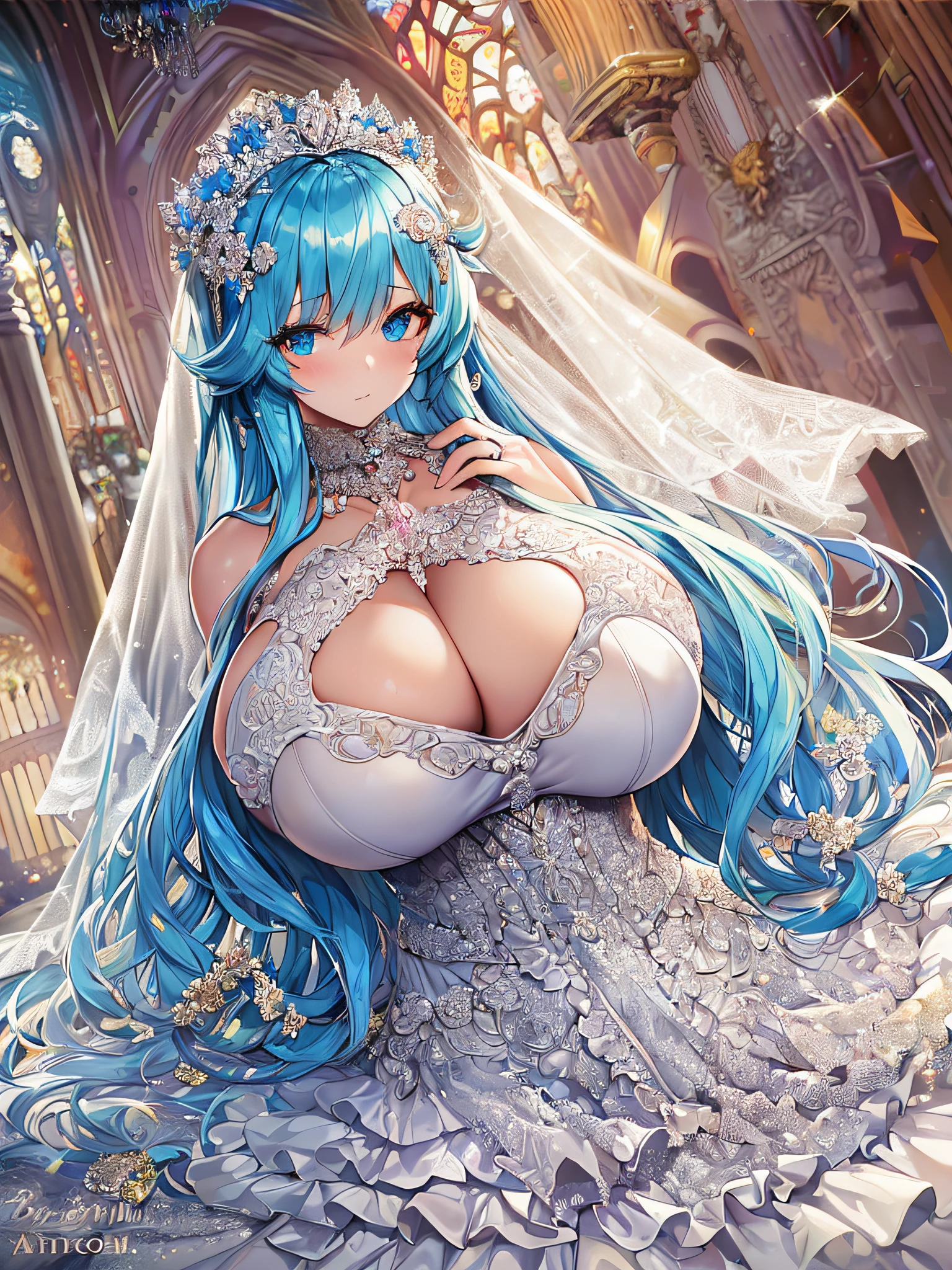 ((anime artstyle)),(Masterpiece),(Best Quality), (Super Detail),((Very Delicate and Beautiful)),Focus on character,Dynamic Angle,Looking at viewer,((Solo)),standing,((full body)),((one princess in gorgeous ball gown wedding dress with voluminous skirt)),((June bride)),detailed face and eyes,jewel-like eyes,((Very Long voluminous Hair)),gorgeous embroidery and lace,((gorgeous corsage)),See-through,ornate ruffles,(Gorgeous jewelry ornaments),luxury hair ornament,luxury tiara with jewels,(gigantic breasts,Long breasts),(indoor,church wedding),(full body),hoop skirt,crinoline,(((fusion of jeweled wedding dress and gorgeous embroidery rococo ballgown))),