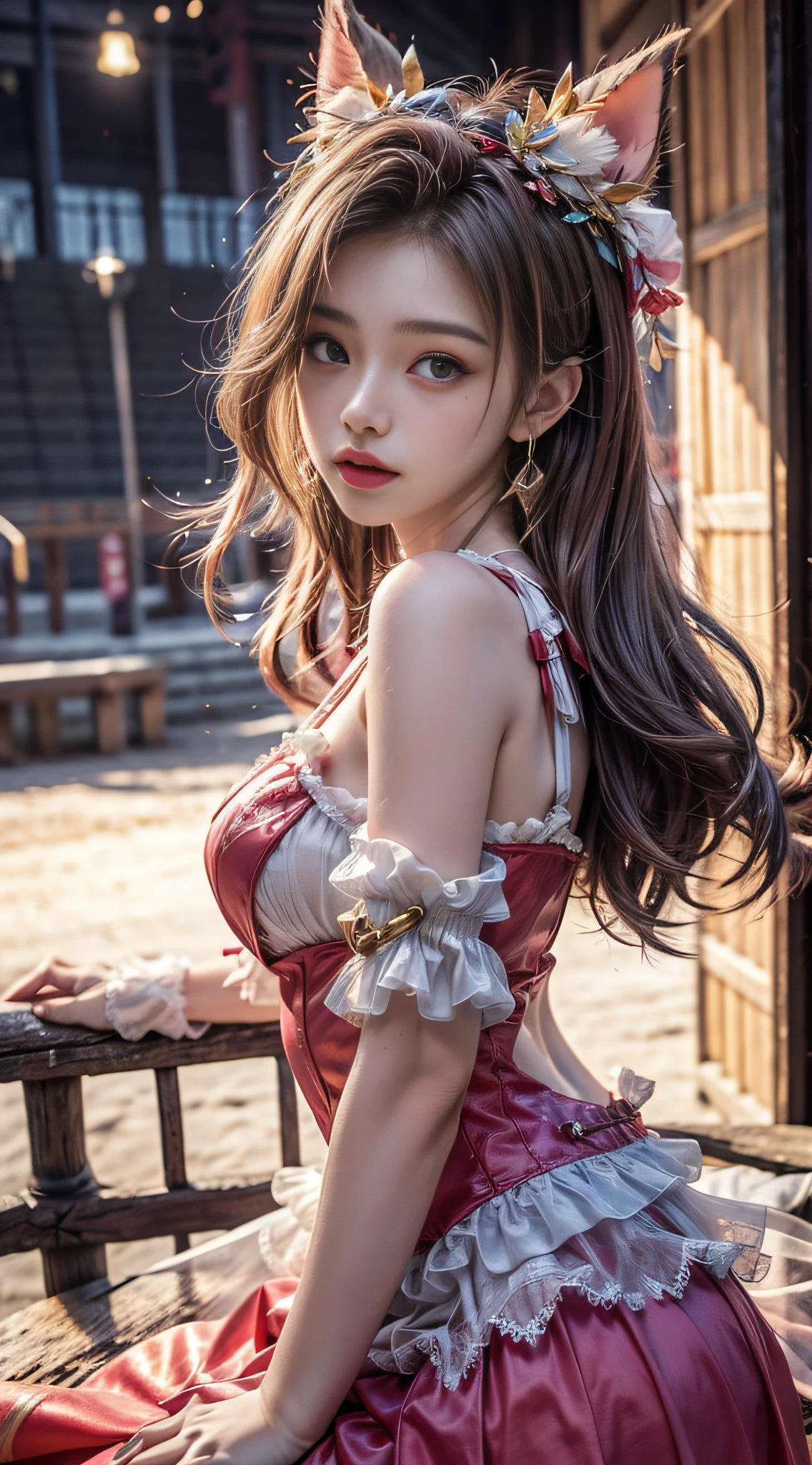 （8K， RAW photos， best qualtiy， tmasterpiece：1.2），（realisticlying， photograph realistic：1.4），Red dress， Chinese outfit，Lace， Aerith Gainsborough， The upper part of the body， undergarments，exposed bare shoulders， do lado de fora， Old castle， high high quality， Adobe Lightroom， highdetailskin， looking at viewert，