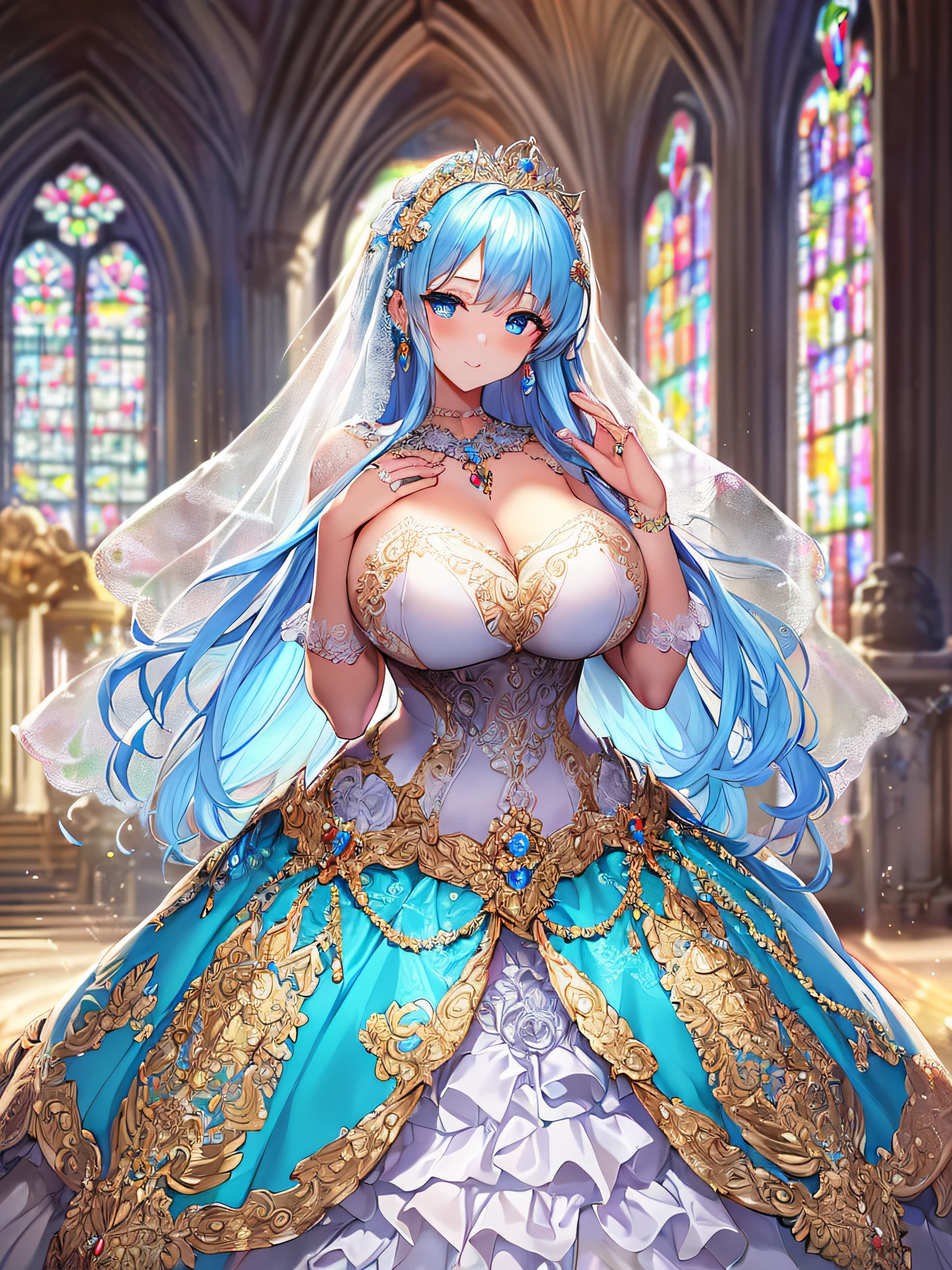 ((anime artstyle)),(Masterpiece),(Best Quality), (Super Detail),((Very Delicate and Beautiful)),Focus on character,Dynamic Angle,Looking at viewer,((Solo)),standing,((full body)),((one princess in gorgeous ball gown wedding dress with voluminous skirt)),((June bride)),detailed face and eyes,jewel-like eyes,((Very Long voluminous Hair)),gorgeous embroidery and lace,((gorgeous corsage)),See-through,ornate ruffles,(Gorgeous jewelry ornaments),luxury hair ornament,luxury tiara with jewels,(gigantic breasts,Long breasts),(indoor,church wedding),(full body),hoop skirt,crinoline,(((fusion of jeweled wedding dress and gorgeous embroidery rococo ballgown))),