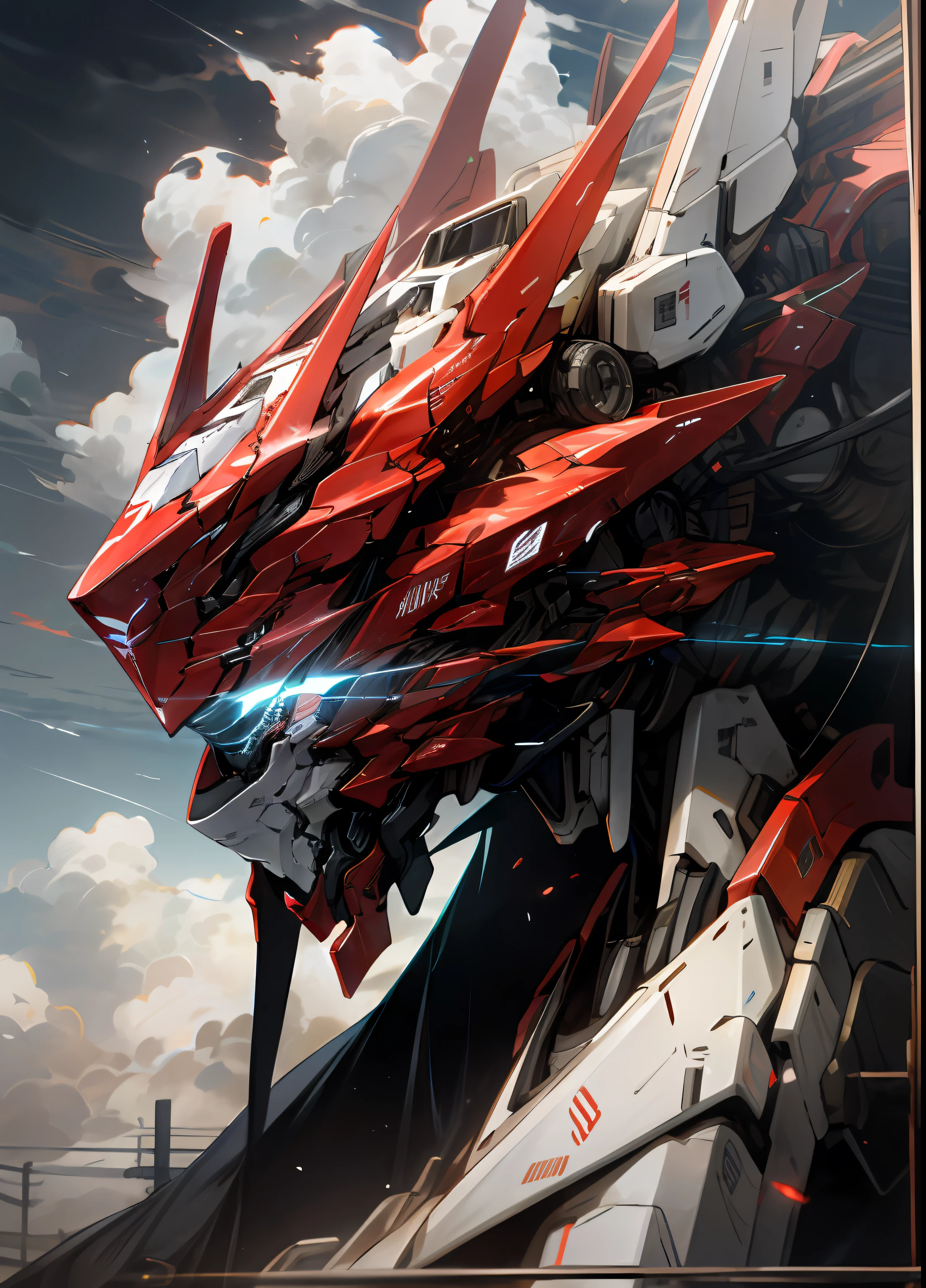 Skysky,clouds,red color mecha,buliding,glowing_eyes,mecha,scientific fiction,城市,Realistis,Sleek edges