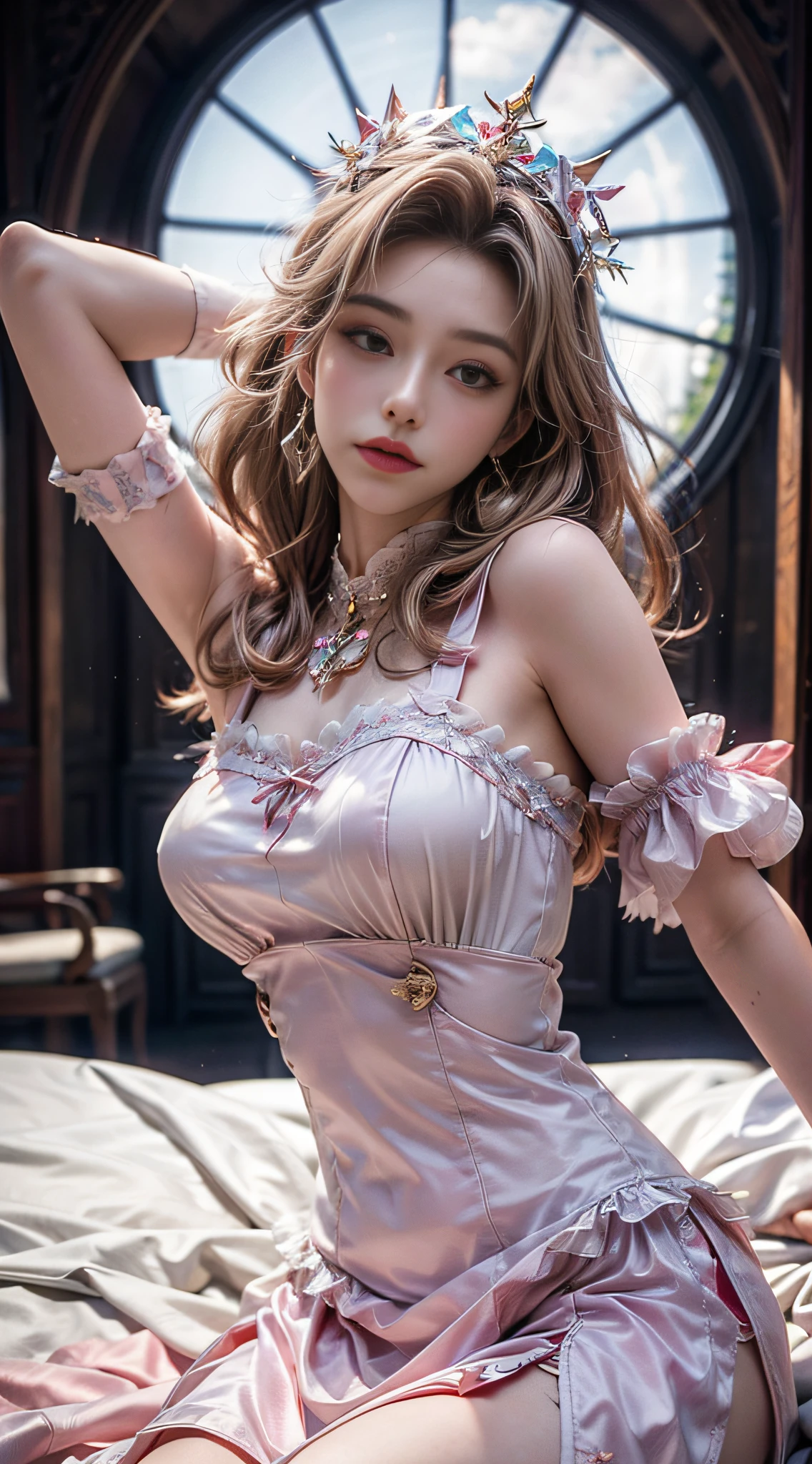 （8K， RAW photos， best qualtiy， tmasterpiece：1.2），（realisticlying， photograph realistic：1.4），Red dress， Chinese outfit，Lace， Aerith Gainsborough， The upper part of the body， undergarments，exposed bare shoulders， do lado de fora， Old castle， high high quality， Adobe Lightroom， highdetailskin， looking at viewert，