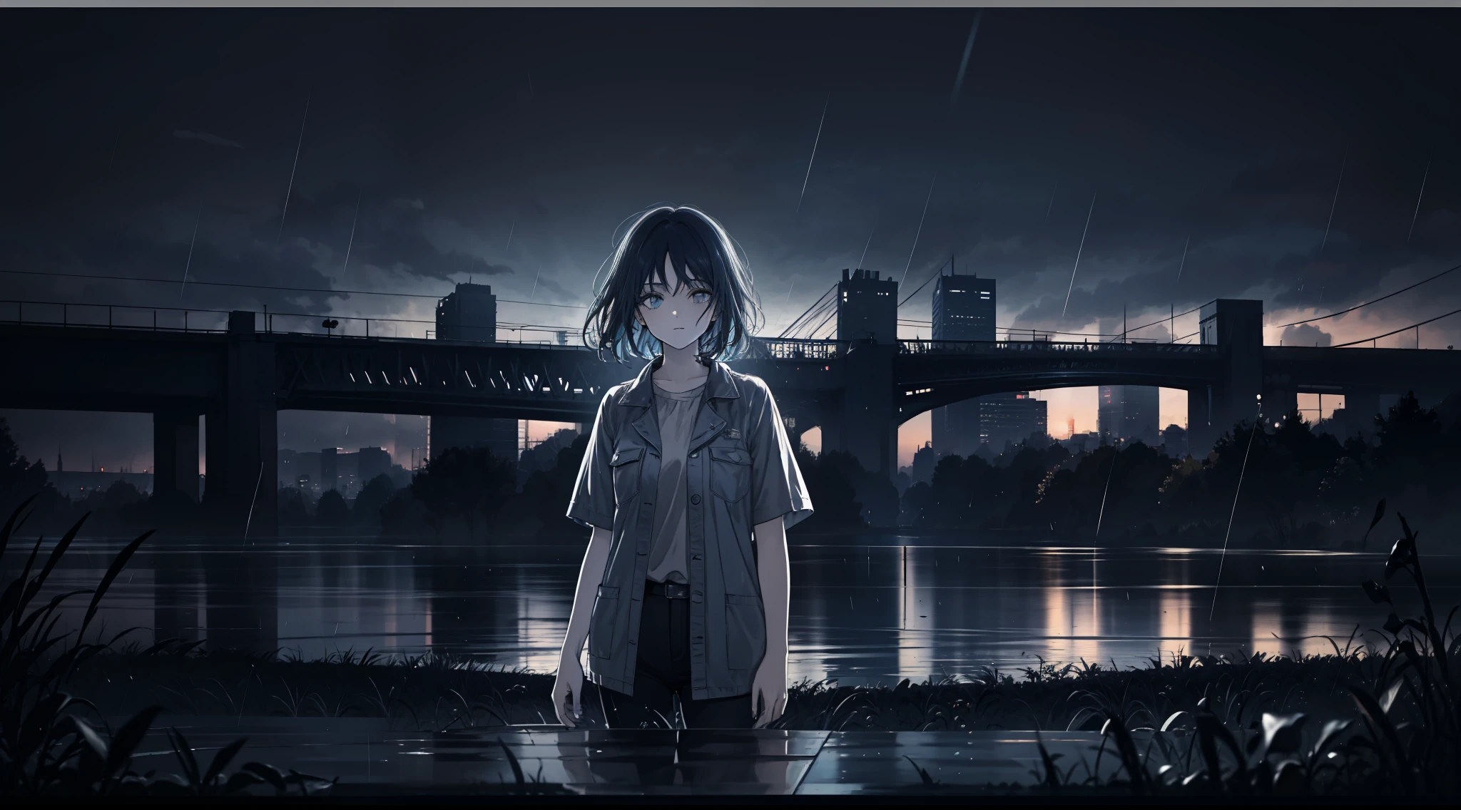 phblue, scenery, no humans, landscape, (masterpiece,best quality:1.4), blue theme, city, dusk, 1girl, rain,cowboy shot, close up,