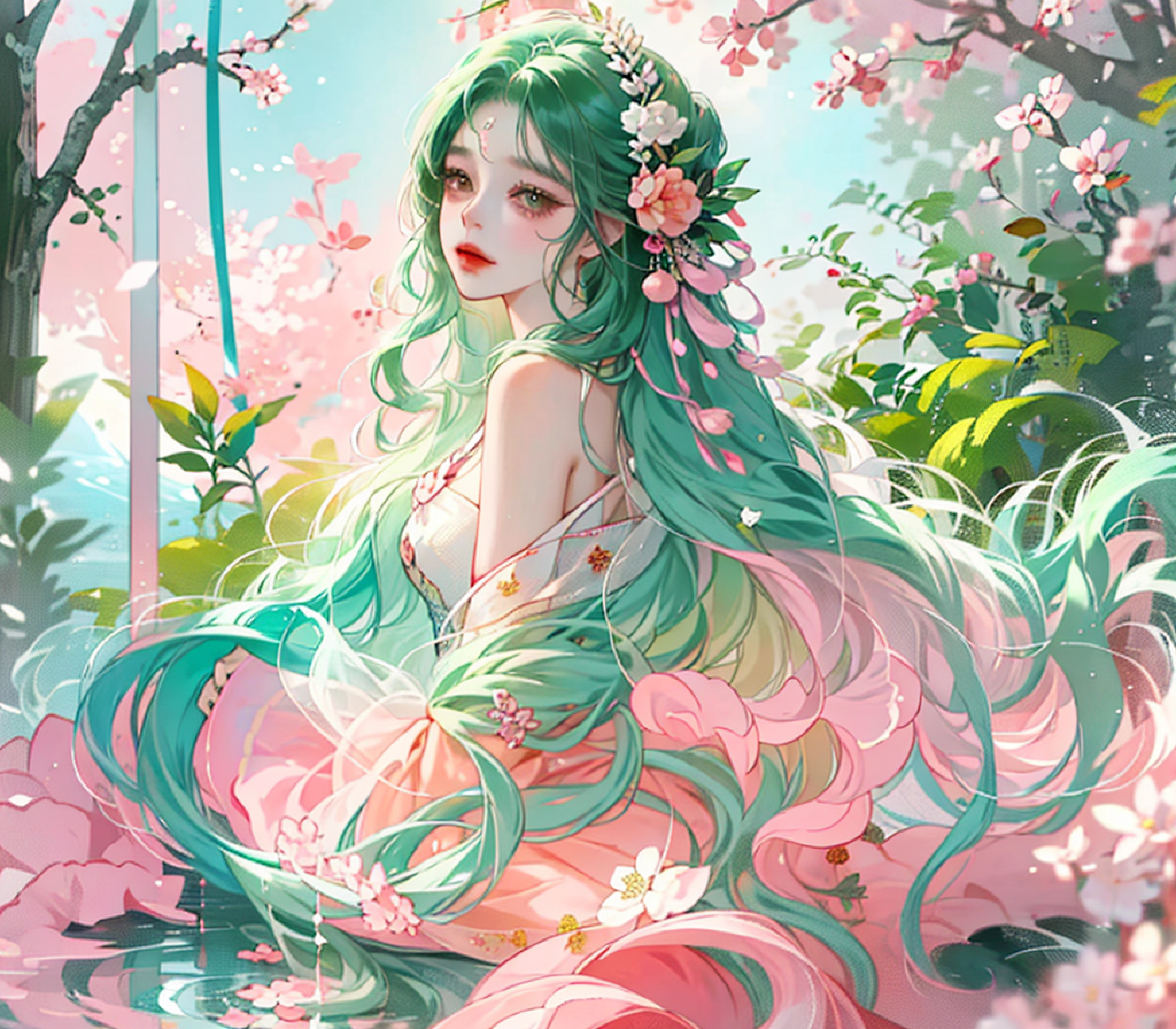 Still water flows deeply，Cangsheng Step Song Pink and green gradient flowing hair girl Red green gradient hair god girl Clear face description Pure white simple dress Extremely smooth long hair Long hair Plant anthropomorphism Peach blossom source god girl Peach blossom embellishment Spectacular background Overgrowth，Still water flows deeply，A song of vicissitudes， Girl with long flowing hair ，Goddess Maiden ，Lake blue red gradient hair，Plain white simple dress， Extremely smooth long hair， Anthropomorphization of furry plants ，spectacular backdrops，an abandonded courtyard， Overgrowth