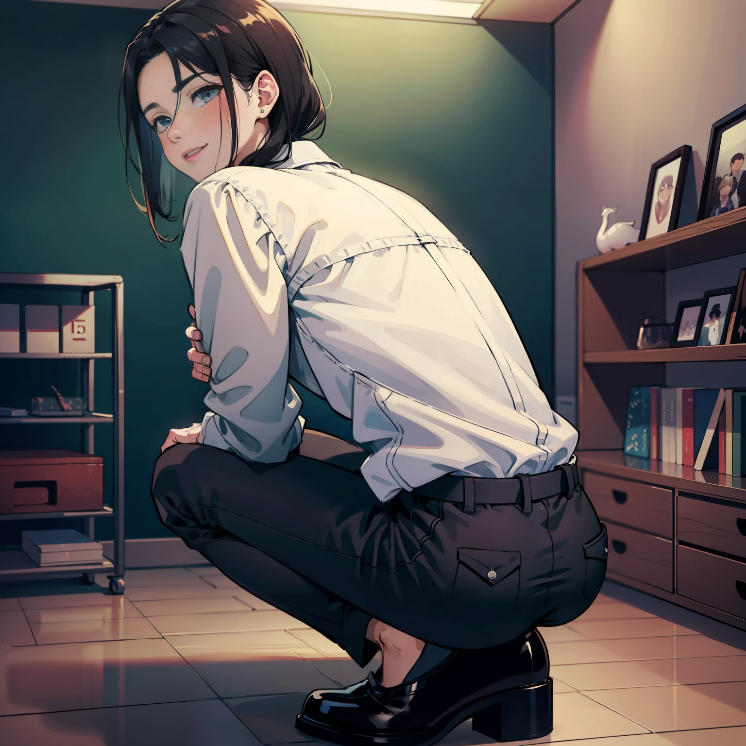 ((Best quality, Masterpiece, Ultra-detailed CG unity 8k wallpaper)),A cute boy who looks good, A youthful breath, blue color eyes, Pear Swirl smiled, Eyebrow teasing, Every step is filled with aura,Immortal back, White shirt, Suit pants, Classroom/libraryai, The lens is tilted, Unique squatting position,Moe round buttocks, Shy, Do you dare to look, Look back in disgust, The boy couldn't hide his shyness, M bangs, Beautiful natural style, The colors are soft and bright,black color hair,Expression of disgust