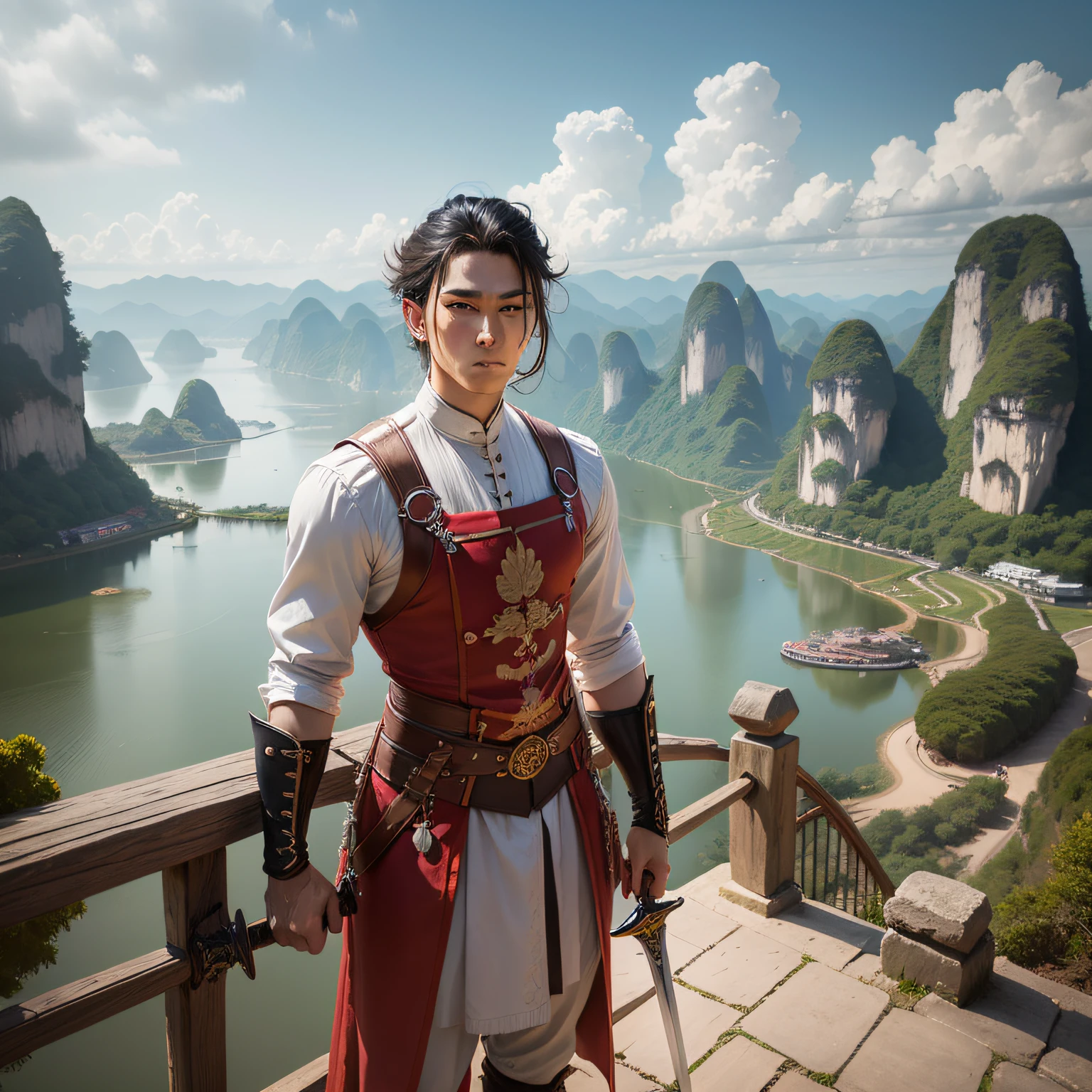 A man in costume,long whitr hair,Fairy style,Take photos in the scenery of Guilin,frontage,Hold a sword in your hand,Realisticstyle --auto