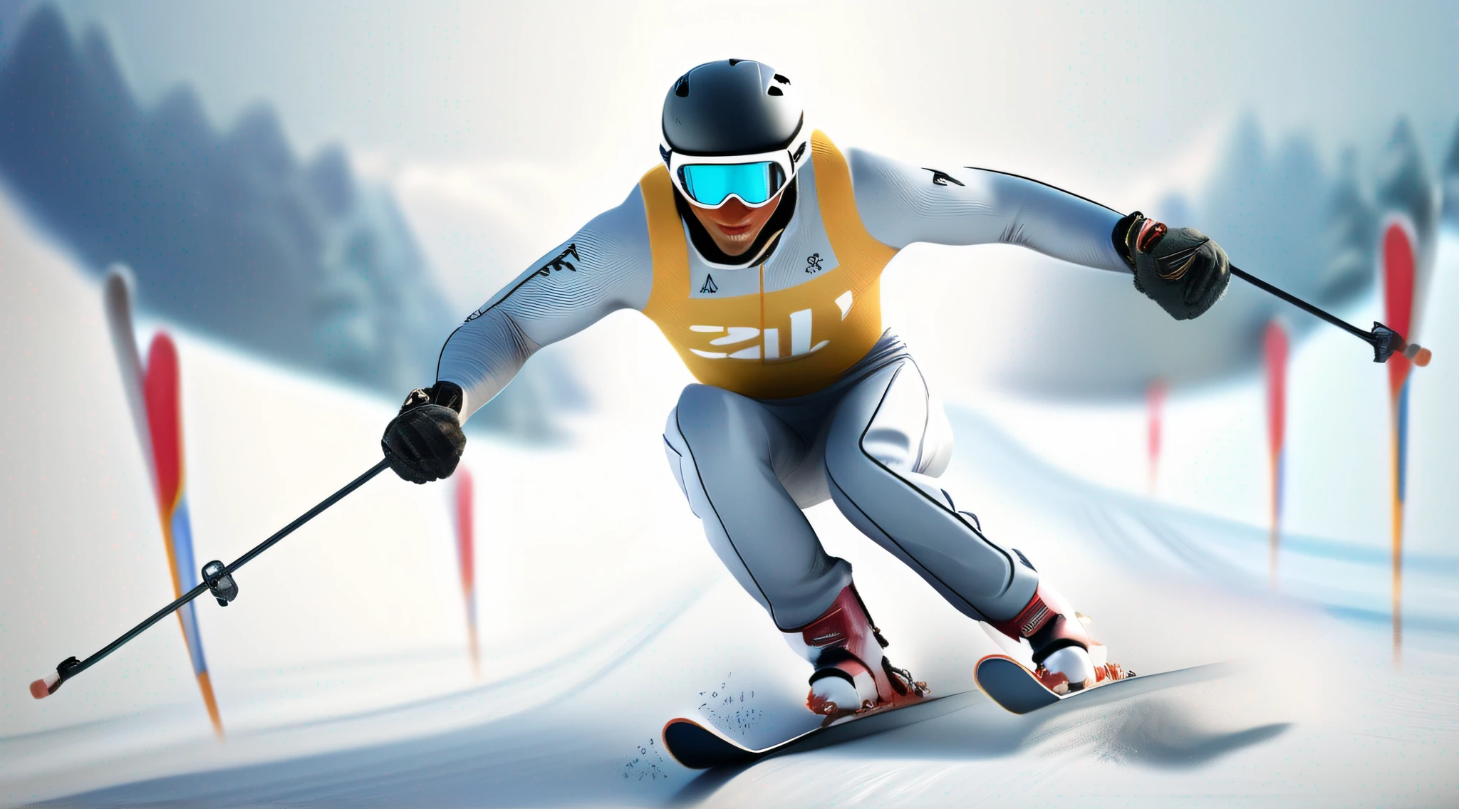 create a full body of  skier skiing in winter olympic games,  intrinsic details, masterpiece, hyper realistic , hd , 8