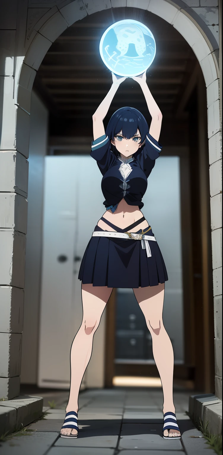 anime girl, short blue hair, rostro enojado, camisa blanca, falda azul, senos medianos, brazos arriba, sosteniendo una espada, cuerpo completo, cuerpo detallado, cuerpo femenino, mirando al espactador,