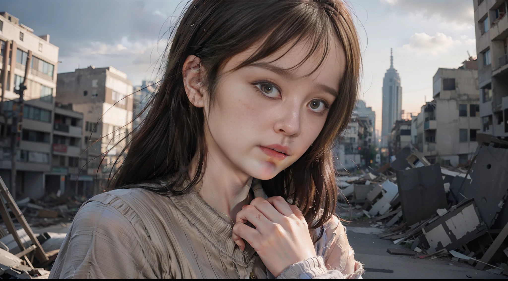a beauty girl,A dead soldier in his arms,Cry,ragged attire,city in ruins,Verism, Glowing light, stereograms, , Wide shot, Atmospheric perspective, Wide-angle, Ultra-wide angle, hyper HD, High quality, Award-Awarded, Best quality, A high resolution, 16k