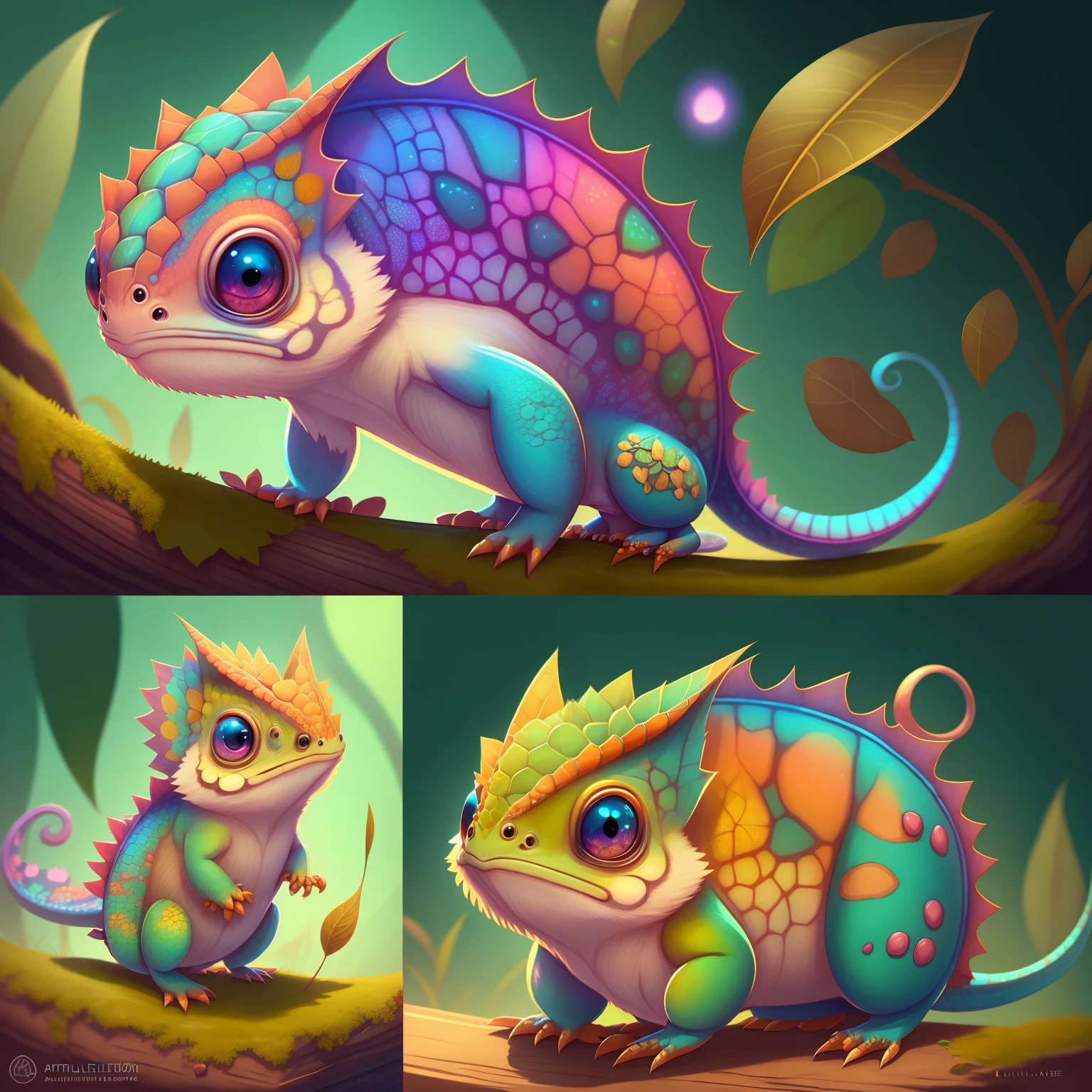 character sheet,cute chameleon ,elegant,by Mickael Lelièvre and Aaron Blaise,Artstaion,Tyler Edlin,vibrant colors