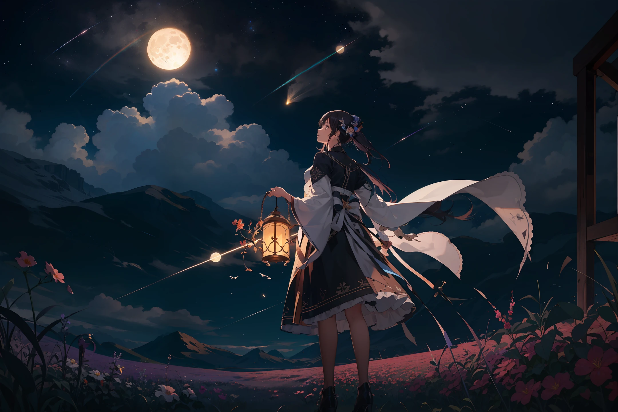 A wide landscape photo, (viewed from below, the sky is above, and the open field is below), a girl standing on a flower field looking up, (full moon: 1.2), (meteor: 0.9), (nebula: 1.3), distant mountains , Trees BREAK Crafting Art, (Warm Light: 1.2), (Firefly: 1.2), Lights, Lots of Purple and Orange, Intricate Details, Volumetric Lighting BREAK (Masterpiece: 1.2), (Best Quality), 4k, Ultra Detailed, (Dynamic Composition: 1.4), Rich in Detail and Color, (Rainbow Color: 1.2), (Glow, Atmospheric Lighting), Dreamy, Magical, (Solo: 1.2)