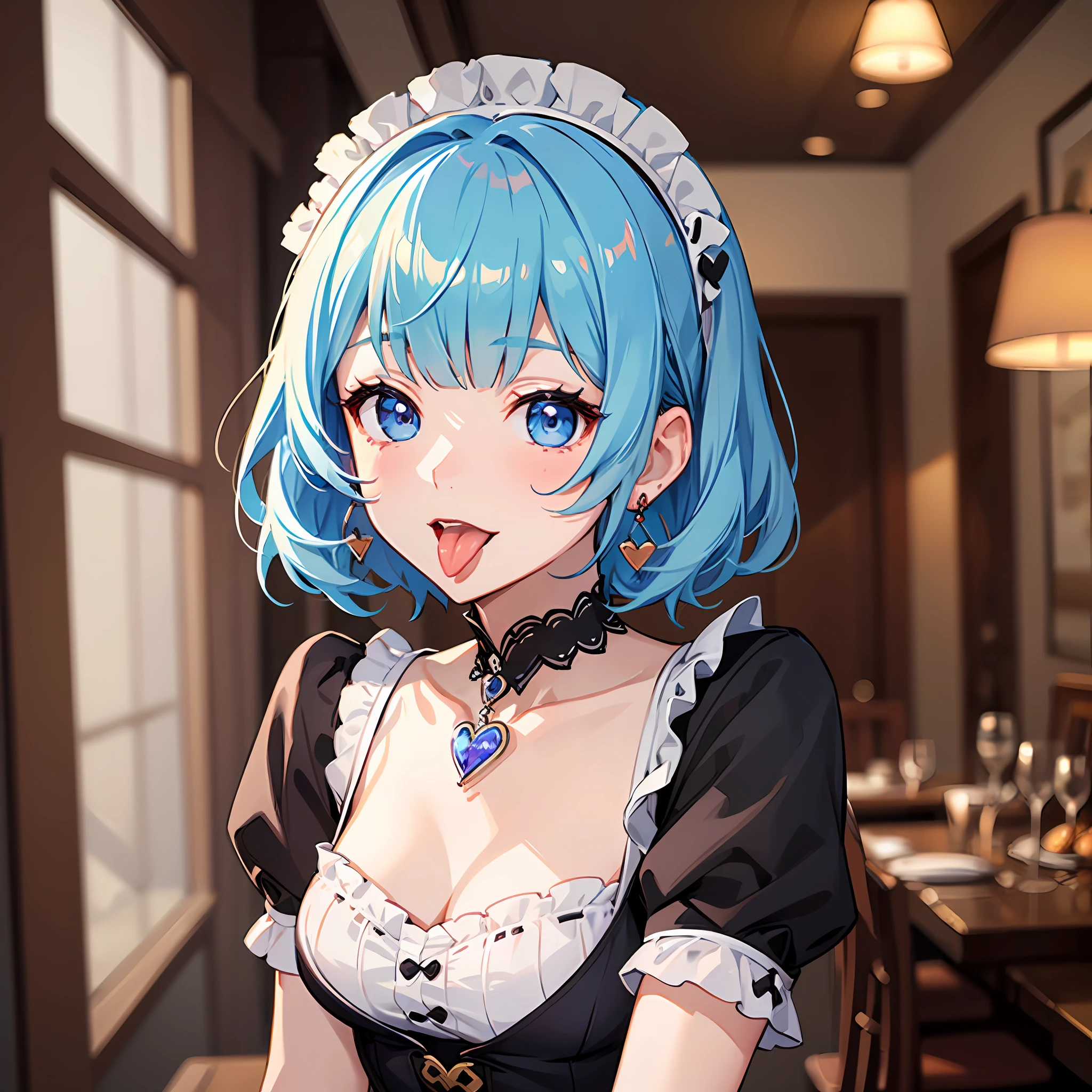 (masterpiece:1.3), (best quality:1.3), high resolution,
couboy shot,
head tilt, leaning forward, Body facing forward,
(one cute girl:1.3), solo,
white skin, small Breast, eight-headed person,
light blue hair, (bobbed hair:1.2), short hair, (blunt bangs:1.2), beautiful hair, beautiful detailed eyes,
(tongue out:1.3), heart, cheerful smile,
maid, earrings,
indoors, restaurant,
shadowlighting,