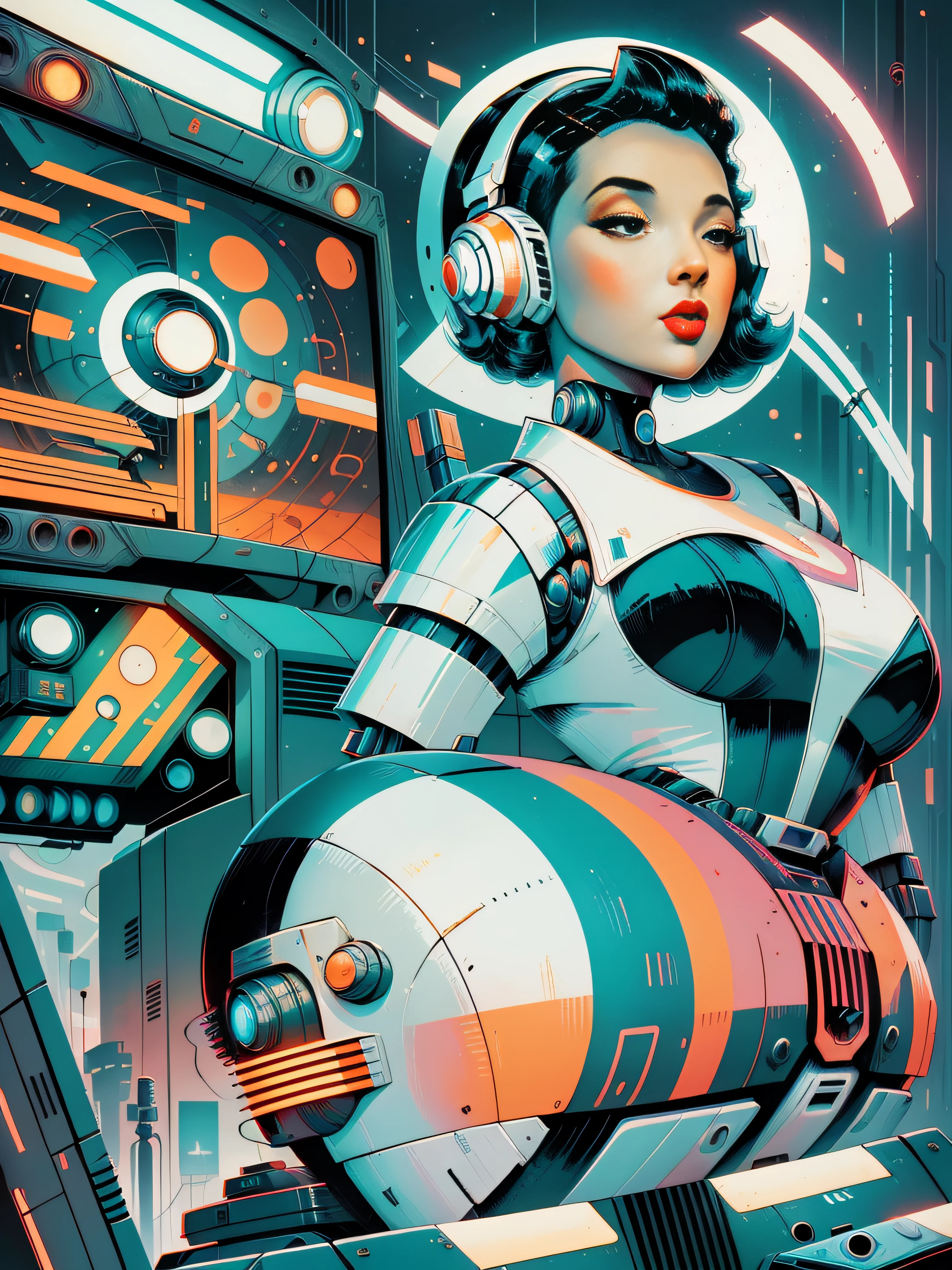 retro scifi art,Vintage,1pinup girl with very white techwear clothes,1robot,various old tvs in the background,geometric shapes and simple stripes in the background