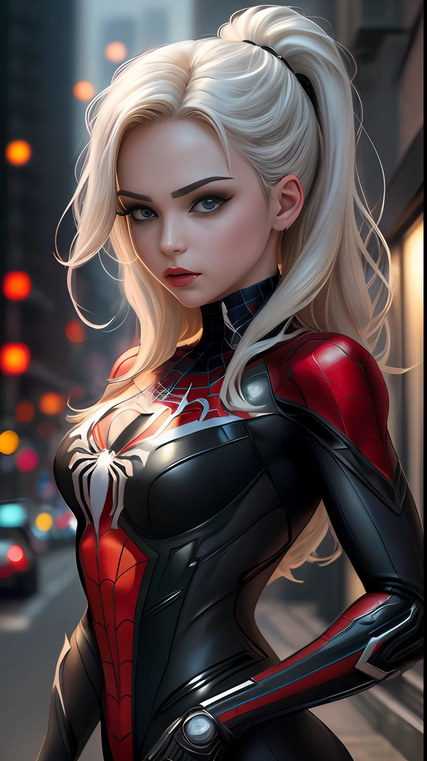 (1girl:1.3), Solo, (((Very detailed face)))), ((Very detailed eyes and face)))), Beautiful detail eyes, Body parts__, Official art, Unified 8k wallpaper, Super detailed, beautiful and beautiful, beautiful, masterpiece, best quality, original, masterpiece, super fine photo, best quality, super high resolution, realistic realism, sunlight, full body portrait, amazing beauty, dynamic pose, delicate face, vibrant eyes, (from the front), She wears Spider-Man suit, red and black color scheme, spider, very detailed city roof background, rooftop, overlooking the city, detailed face, detailed complex busy background, messy, gorgeous, milky white, highly detailed skin, realistic skin details, visible pores, clear focus, volumetric fog, 8k uhd, DSLR, high quality, film grain, fair skin, photo realism, lomography, futuristic dystopian megalopolis, translucent --auto