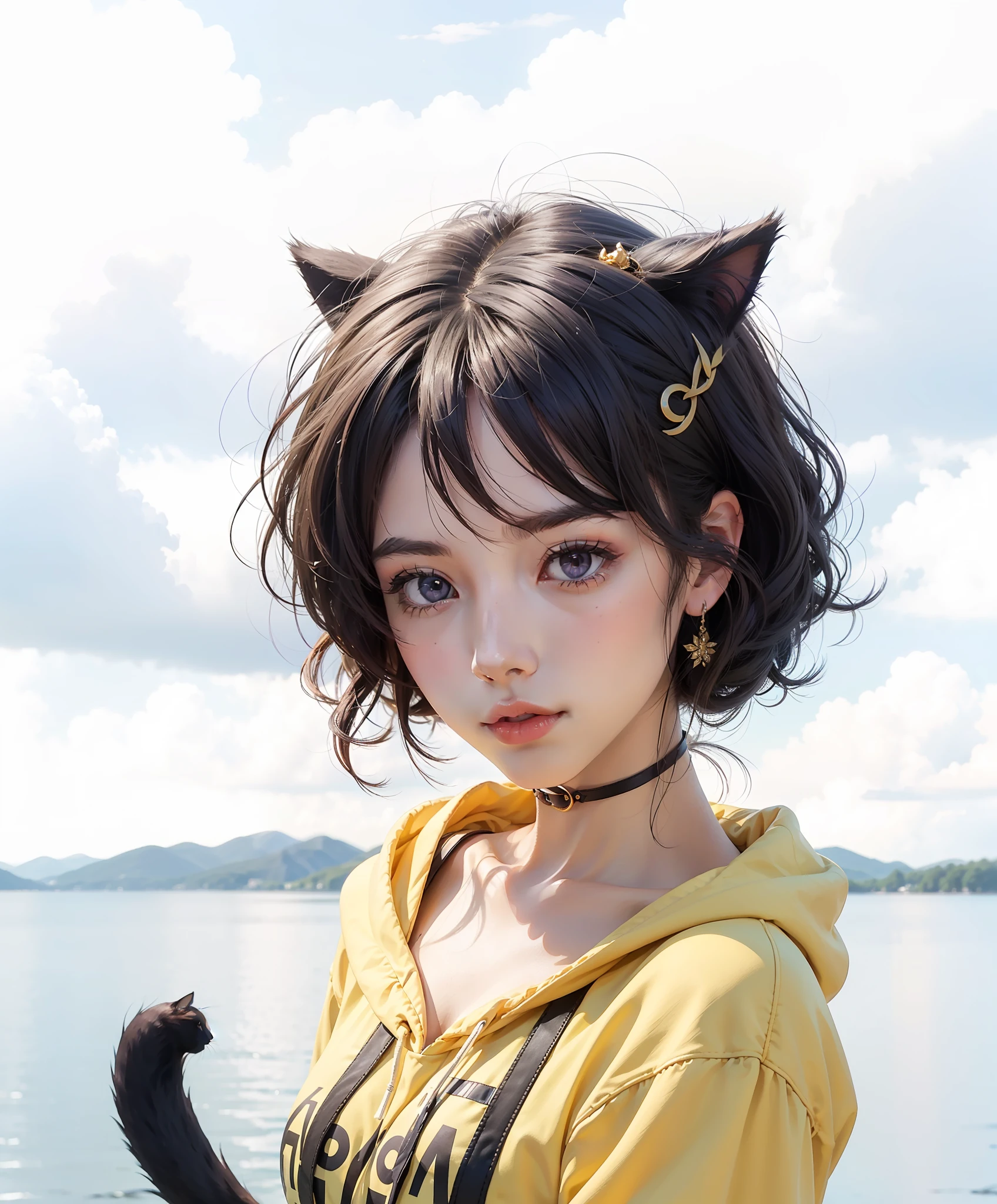 (1girll:1.3)、独奏、__Body parts__、offcial art、统一 8k 壁纸、ultra - detailed、Beauty and aesthetics、best qualityer,big breasts beautiful、tmasterpiece、best qualtiy、Fantastical Atmosphere、calm color palette、Tranquil Mood、soft shade,Yellow with white hoodie,,short detailed hair,cat ear,((Purple eye)),Yellow hairpin,Cat tail,adolable,beautful view,lake scene,Reallightandshadow,with blue sky and white clouds