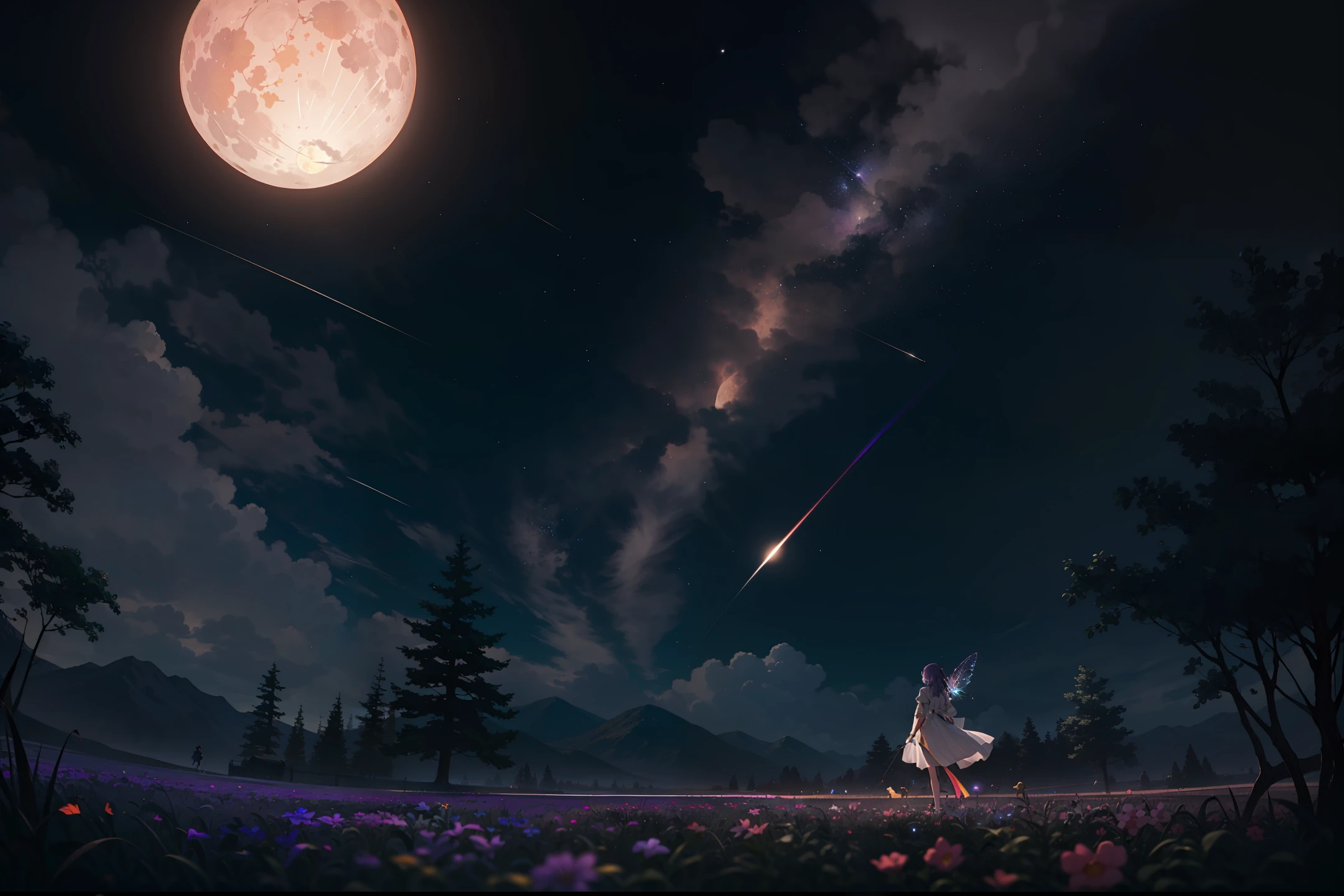 A wide landscape photo, (viewed from below, the sky is above, and the open field is below), a girl standing on a flower field looking up, (full moon: 1.2), (meteor: 0.9), (nebula: 1.3), distant mountains , Trees BREAK Crafting Art, (Warm Light: 1.2), (Firefly: 1.2), Lights, Lots of Purple and Orange, Intricate Details, Volumetric Lighting BREAK (Masterpiece: 1.2), (Best Quality), 4k, Ultra Detailed, (Dynamic Composition: 1.4), Rich in Detail and Color, (Rainbow Color: 1.2), (Glow, Atmospheric Lighting), Dreamy, Magical, (Solo: 1.2)