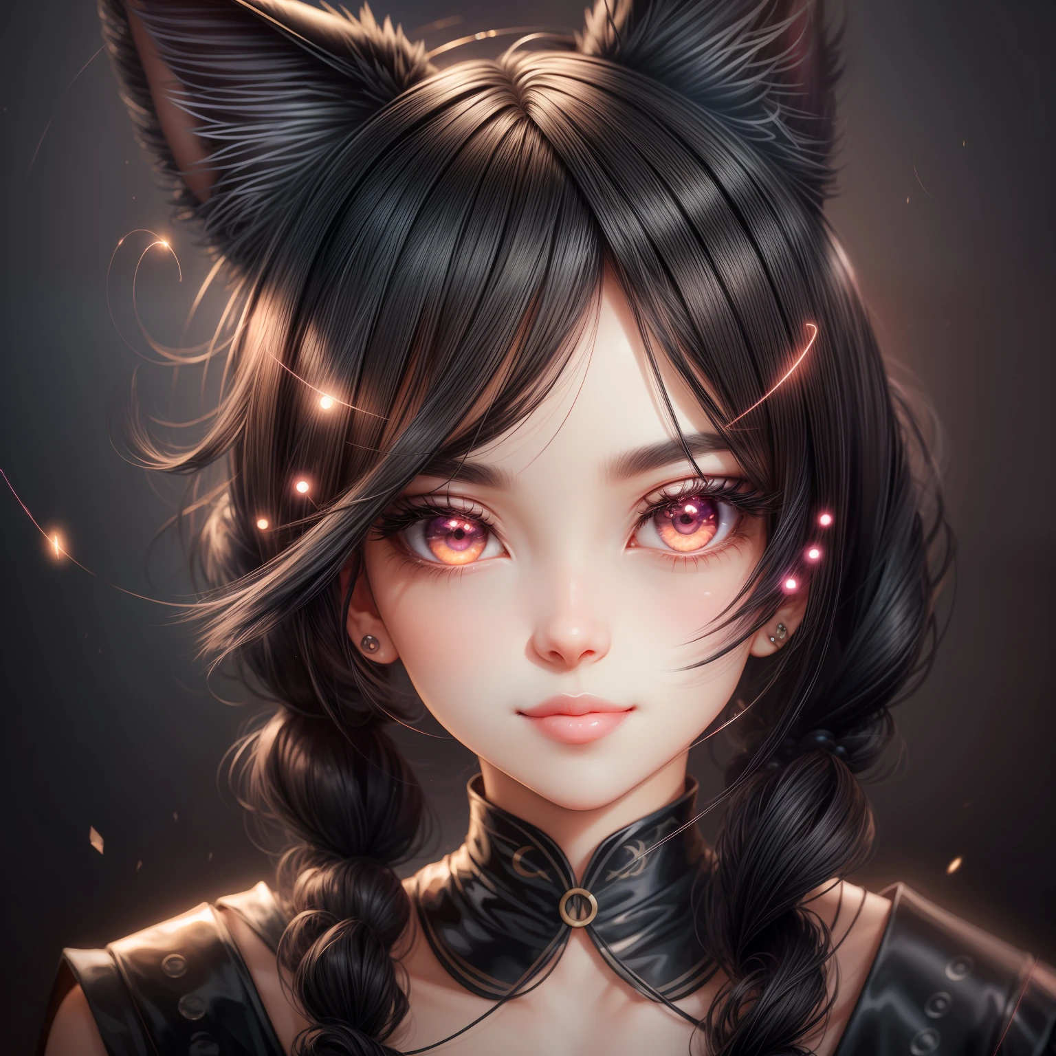black hair, hair bobbles, wince, longeyelashes, solid circle eyes, fake animal ears, light smile, ear blush, fang, tongue, Surrealism, drop shadow, anaglyph, stereogram, tachi-e, pov, atmospheric perspective, 8k, super detail, ccurate, best quality --auto