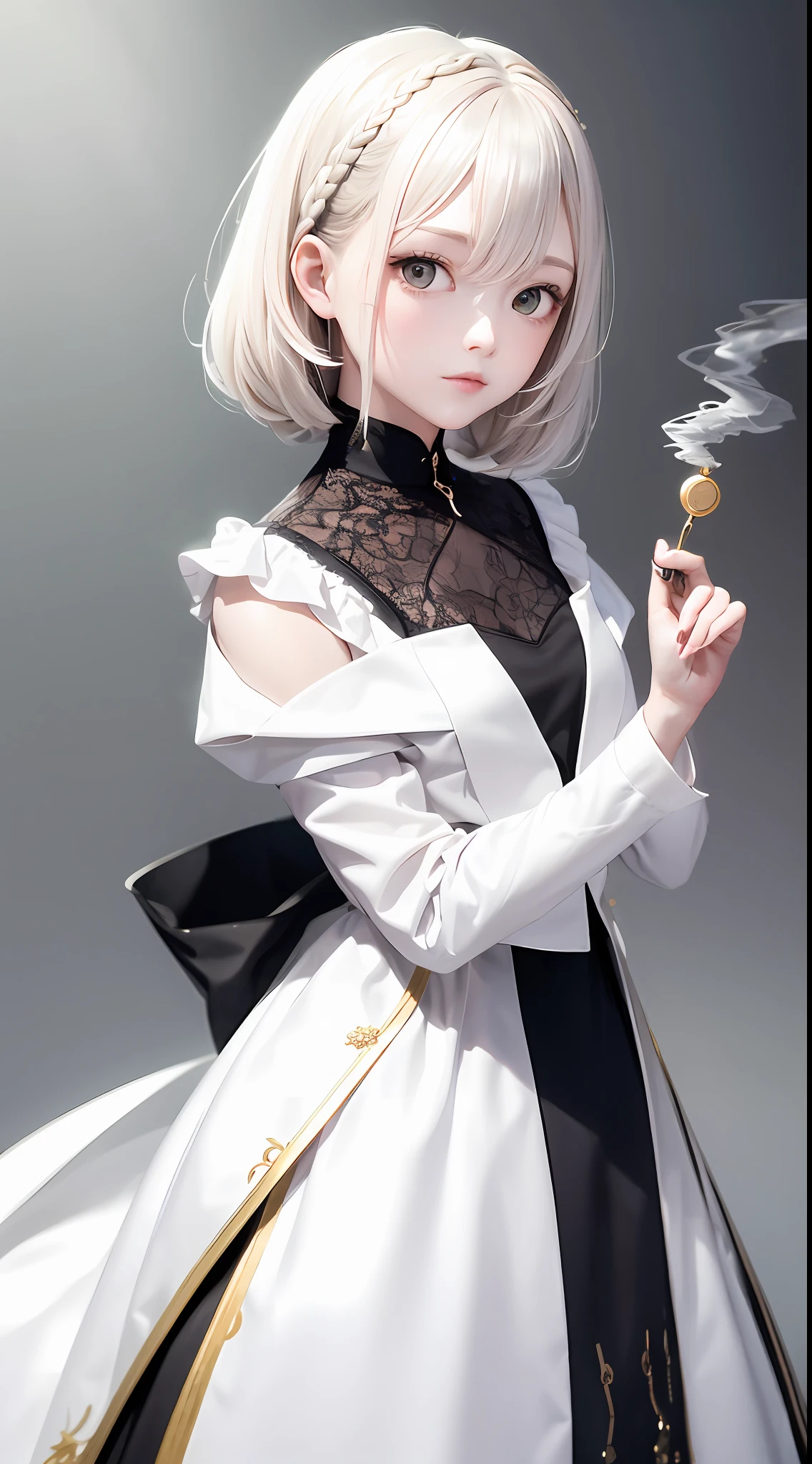 tmasterpiece，Highest image quality，Super meticulous，A fresh, elegant and medium-haired girl with white hair，Look ahead，Golden eyes sparkle with gentleness，Dressed in gorgeous white，Full of fairy，Hair like smoke，The skin is like snow，Side braids hang over the shoulders，The whole picture is simple and generous，The background is clean and clean。