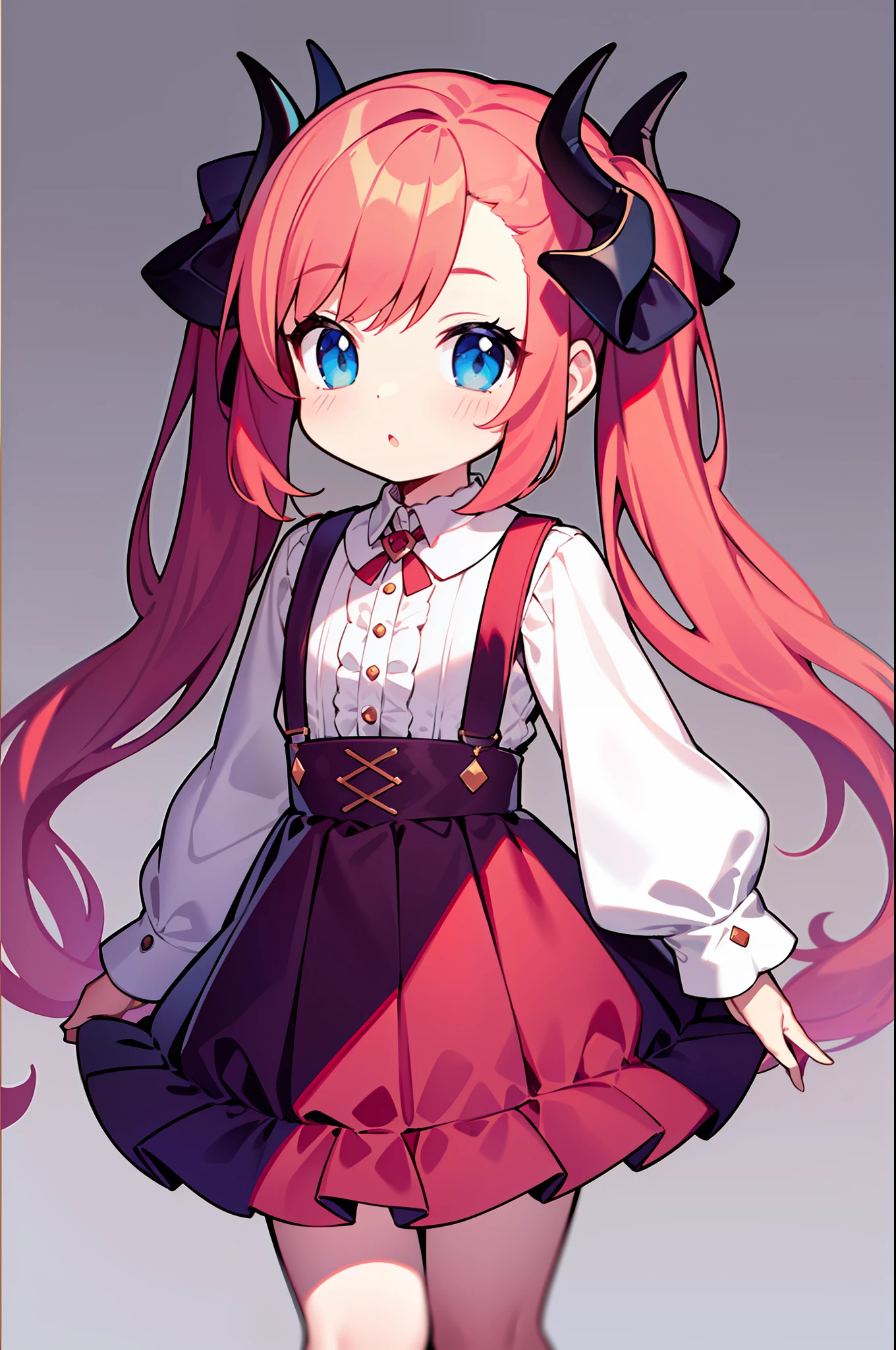 {{best quality}}, {{masterpiece}}, {{ultra-detailed}}, {illustration}, {detailed light}, red hair,blue eyes,twintails,lolita,Suspenders skirt,Fantastic,loli,solo,Dragon horns,little girl,long hair