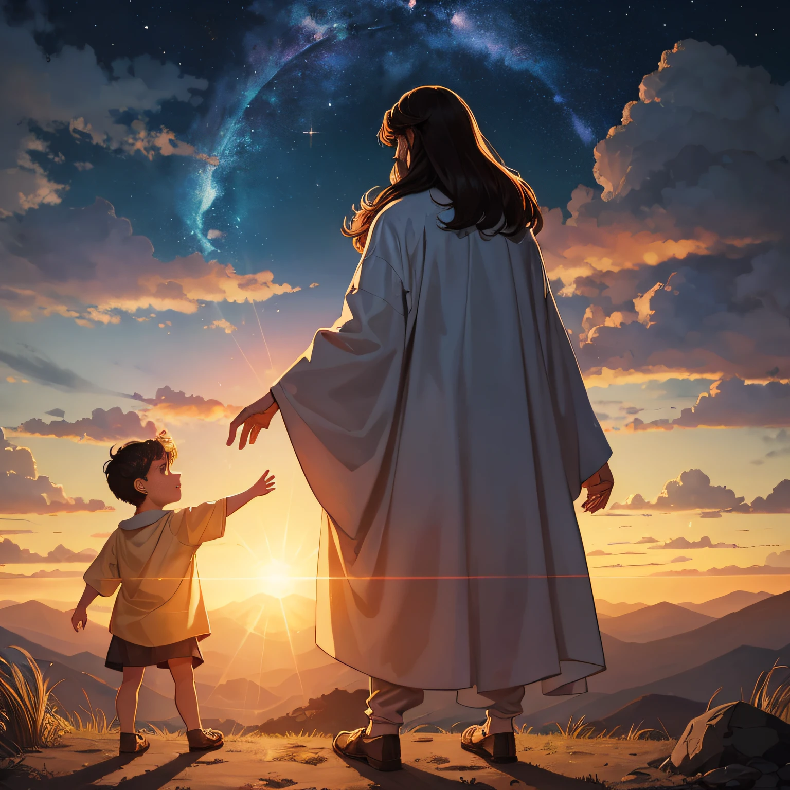 For too long now, em uma terra distante, viveu um homem especial chamado Jesus. Ele era cheio de amor e bondade, e sempre ajudava as pessoas ao seu redor. Jesus tinha um poder especial, able to do amazing things. He came to earth to show the way of truth and to spread the light to all. Children's vector illustration for book --auto
