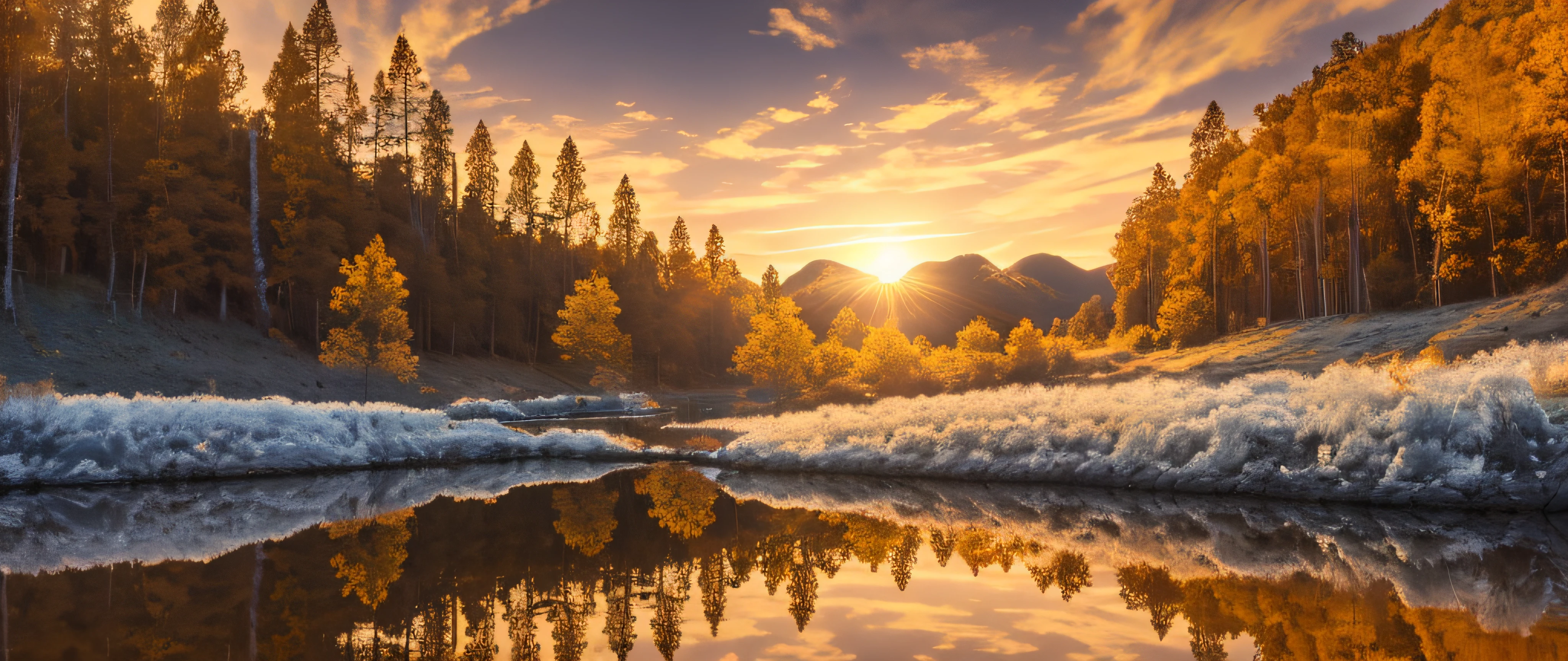 Ah a beautiful sunset with a lake and trees in the background