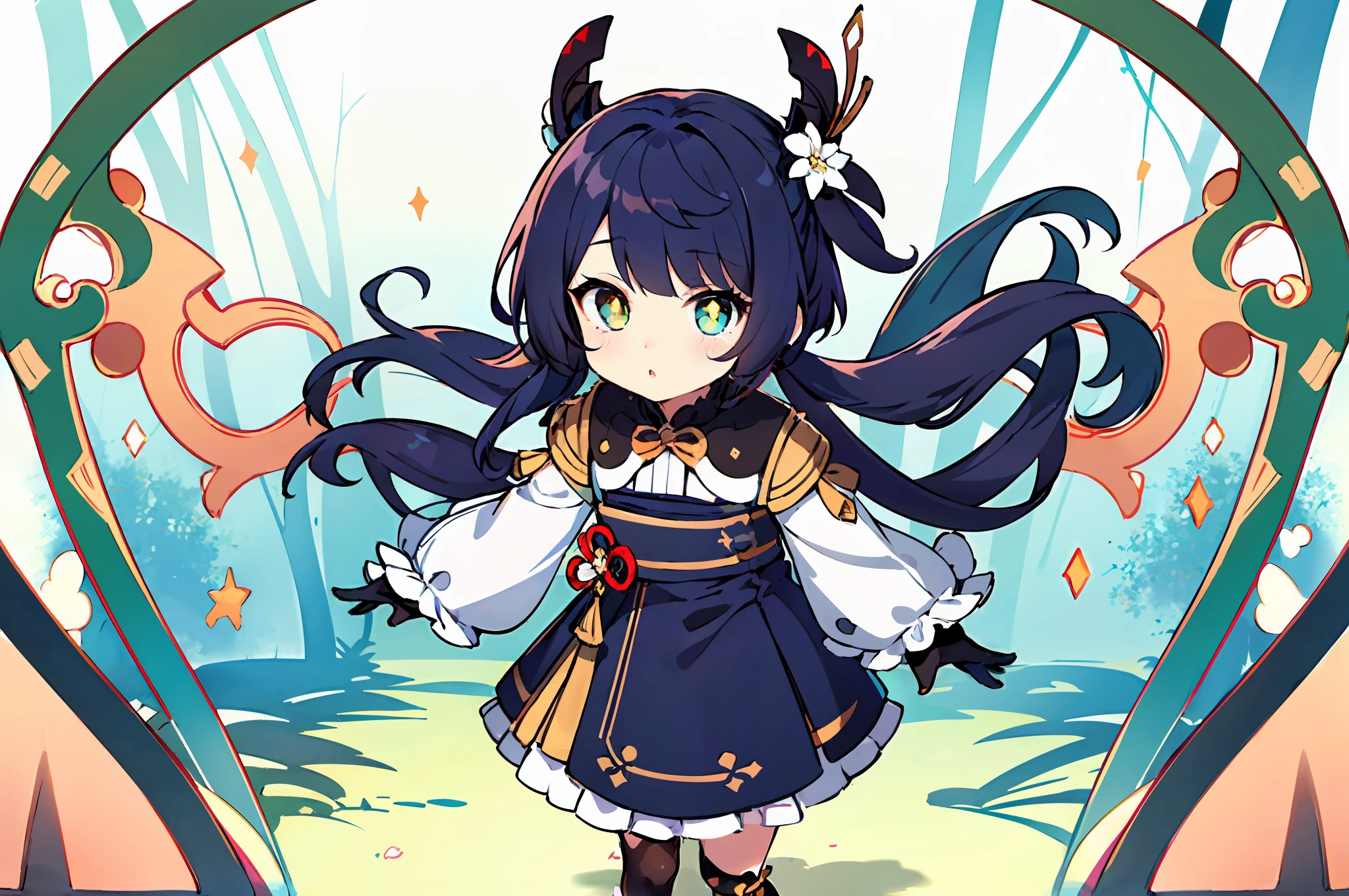 Anime girl with long black hair and blue dress, Ayaka Genshin impact, anime moe art style, small curvaceous loli, Keqing from Genshin Impact, zhongli from genshin impact, anime visual of a cute girl, black-haired mage, ayaka game genshin impact, Splash art anime Loli, Marin Kitagawa fanart, Hestia，（Leg details）