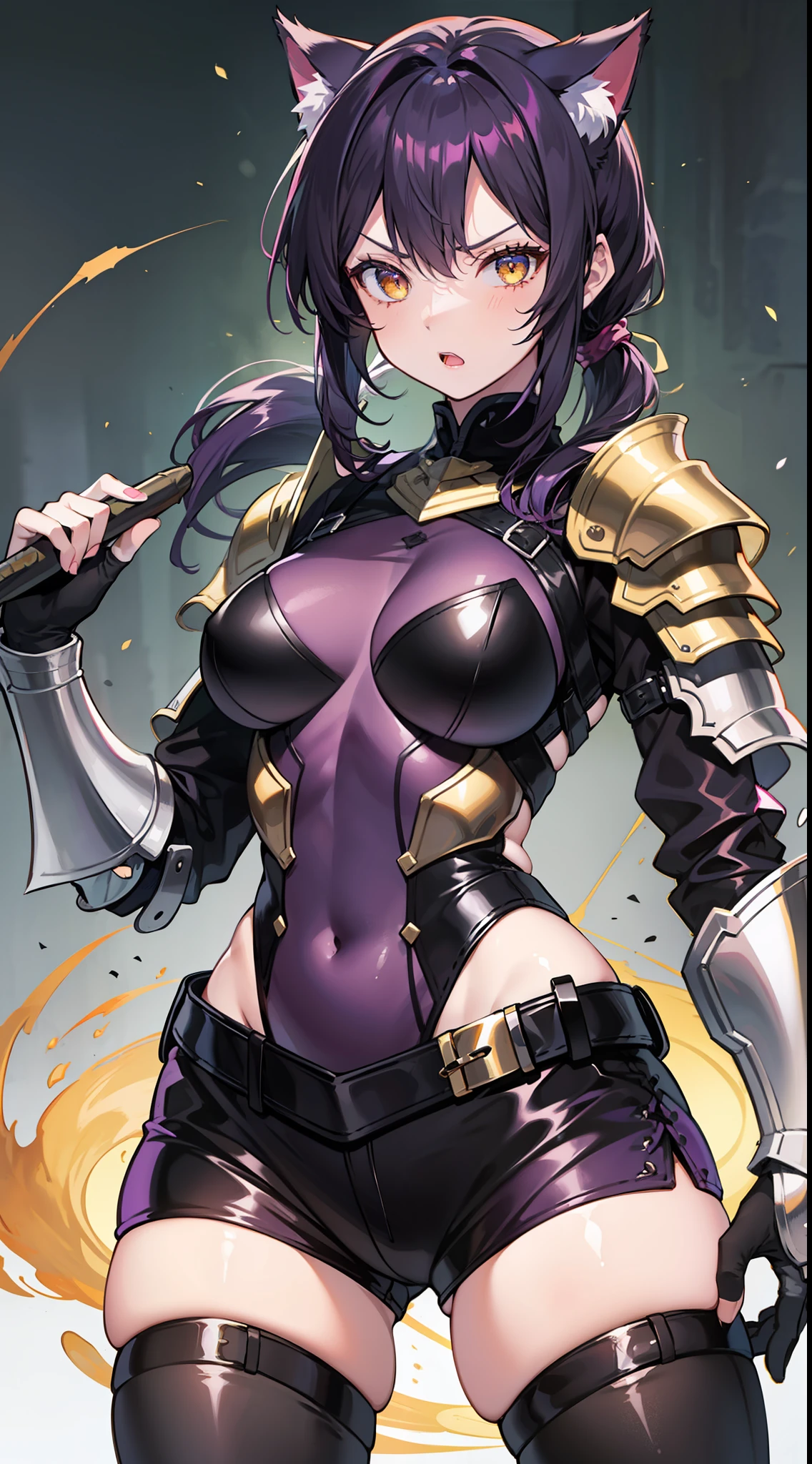 Adult woman, dark purple hair, low ponytail, golden eyes, cat ears, Tight-fitting leather armor, anger, Masterpiece, hiquality