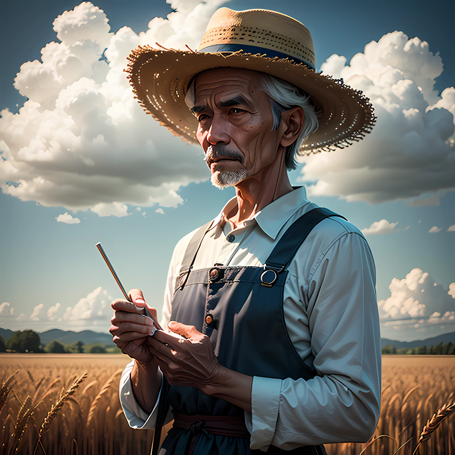 A peasant uncle with a straw hat stands in a wheat field, big clouds, blue sky, rice field, neat rice seedlings in the field, forest, hillside, secluded, countryside, HD detail, hyperdetail, cinematic, surrealism, soft light, deep field focus bokeh, ray tracing and surrealism. --auto --v6