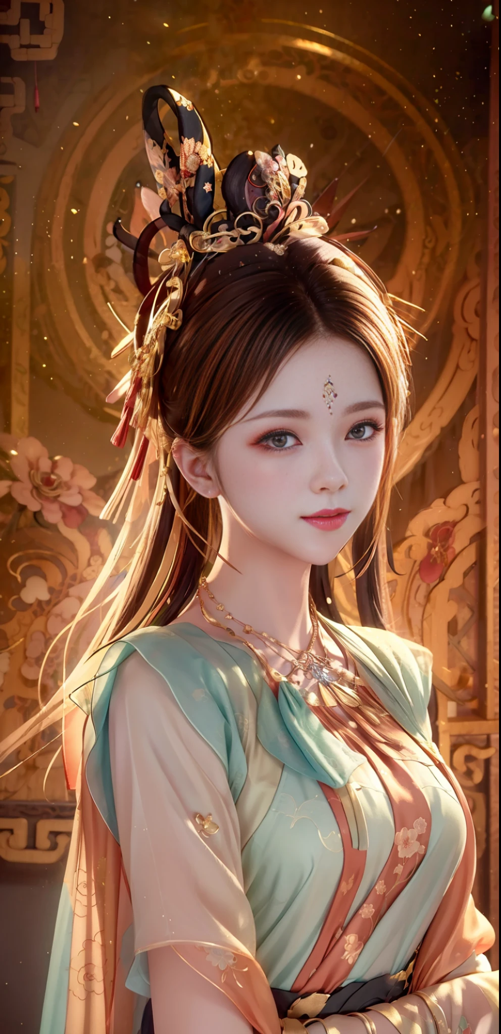 best quality, masterpiece, highres, 1girl,blush,(seductive smile:0.8),star-shaped pupils,china hanfu,hair ornament,necklace, jewelry,Beautiful face,upon_body, tyndall effect,photorealistic, dark studio, rim lighting, two tone lighting,(high detailed skin:1.2), 8k uhd, dslr, soft lighting, high quality, volumetric lighting, candid, Photograph, high resolution, 4k, 8k, Bokeh