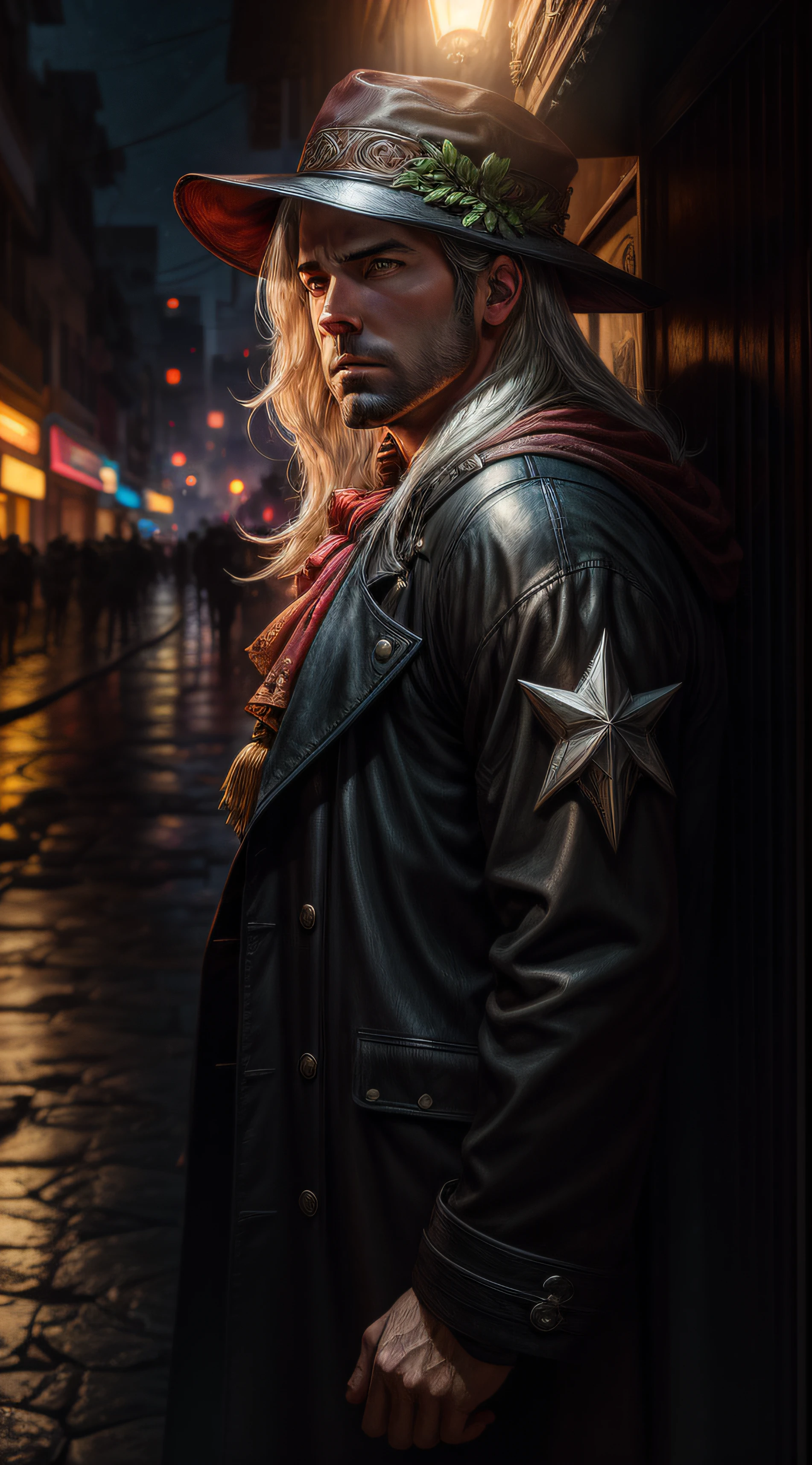 O premiado BEN AFFLECK, fotorrealista, master part, Closeup, retrato do personagem, Visualizador da frente,BEN AFFLECK , (olhos alaranjados), (olhos brilhantes), longos cabelos brancos, (Vintage Red Victorian Gothic Tailcoat Jacket), ( Ascot Preto), (Extreme Black Big Brim curvado para baixo / Men's Round Crown Hat), (Orelhas de Leprechaun), ,,,, chuvisco do'urden, thancred, Final Fantasy Sephiroth, albino mystic, Sephiroth, humano masculino como Geralt de rivia, Geralt, Rívia, quebrar, douto_Incorpora, 'Dreaming ethereal, ethereal, diffuse, illumination', «Bokeh, profundidade de campo rasa, desfoque de fundo', fundo fosco, 'double exposure, fotografia premiada', 'de Blade Runner 2049', 'fotografia urbana de rua', 'escuro, agourento, Assombrando, pressentimento, sombrio, tempestuoso, agourento, sombrio, angustiante', pele fotorrealista --auto
