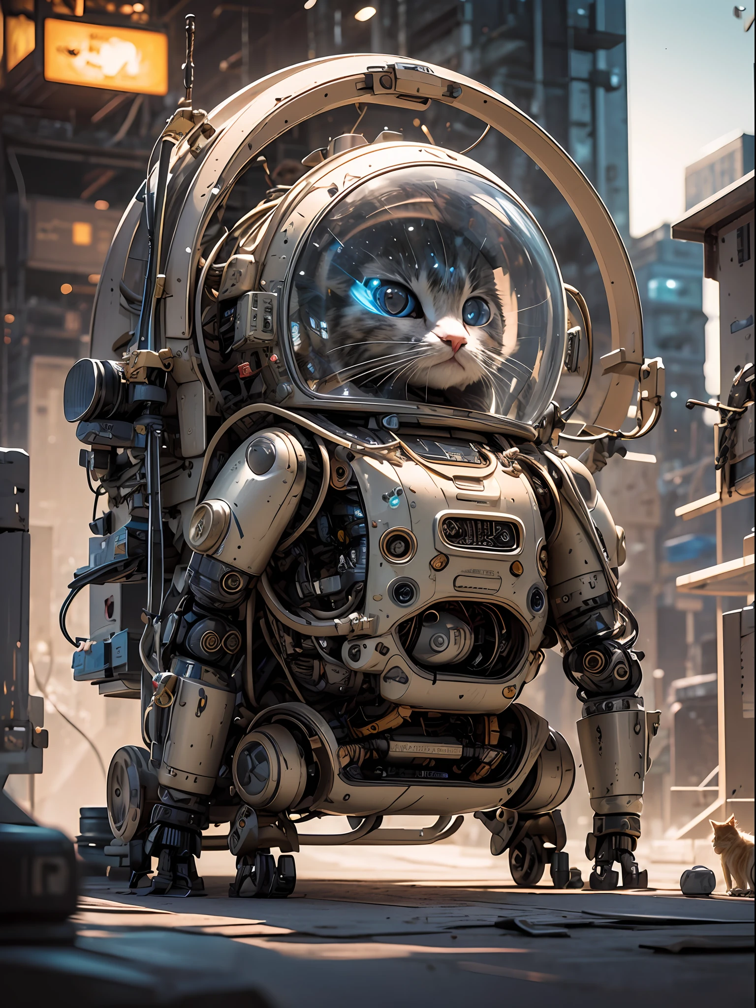 A cute kitten made of metal, robot, cyberpunk style, ((intricate details)), hdr, ((intricate details, super detailed)), cinematic footage, vignette --auto
