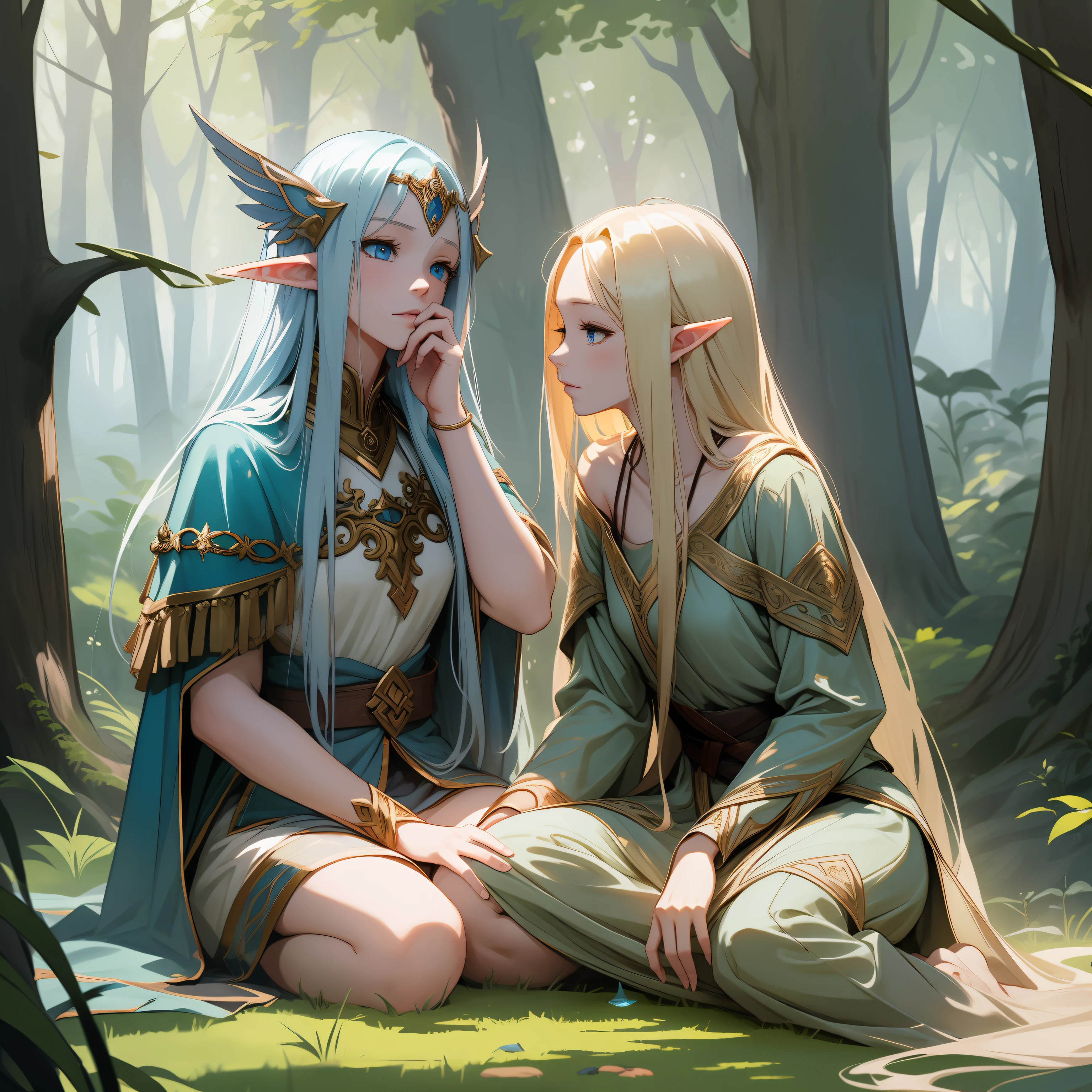 White robes,whaite hair,long whitr hair,white skinned,the elf,blue color eyes,Overlooking,femele,sisterhood,The upper part of the body,ln the forest,tmasterpiece,Need,NSFW --auto