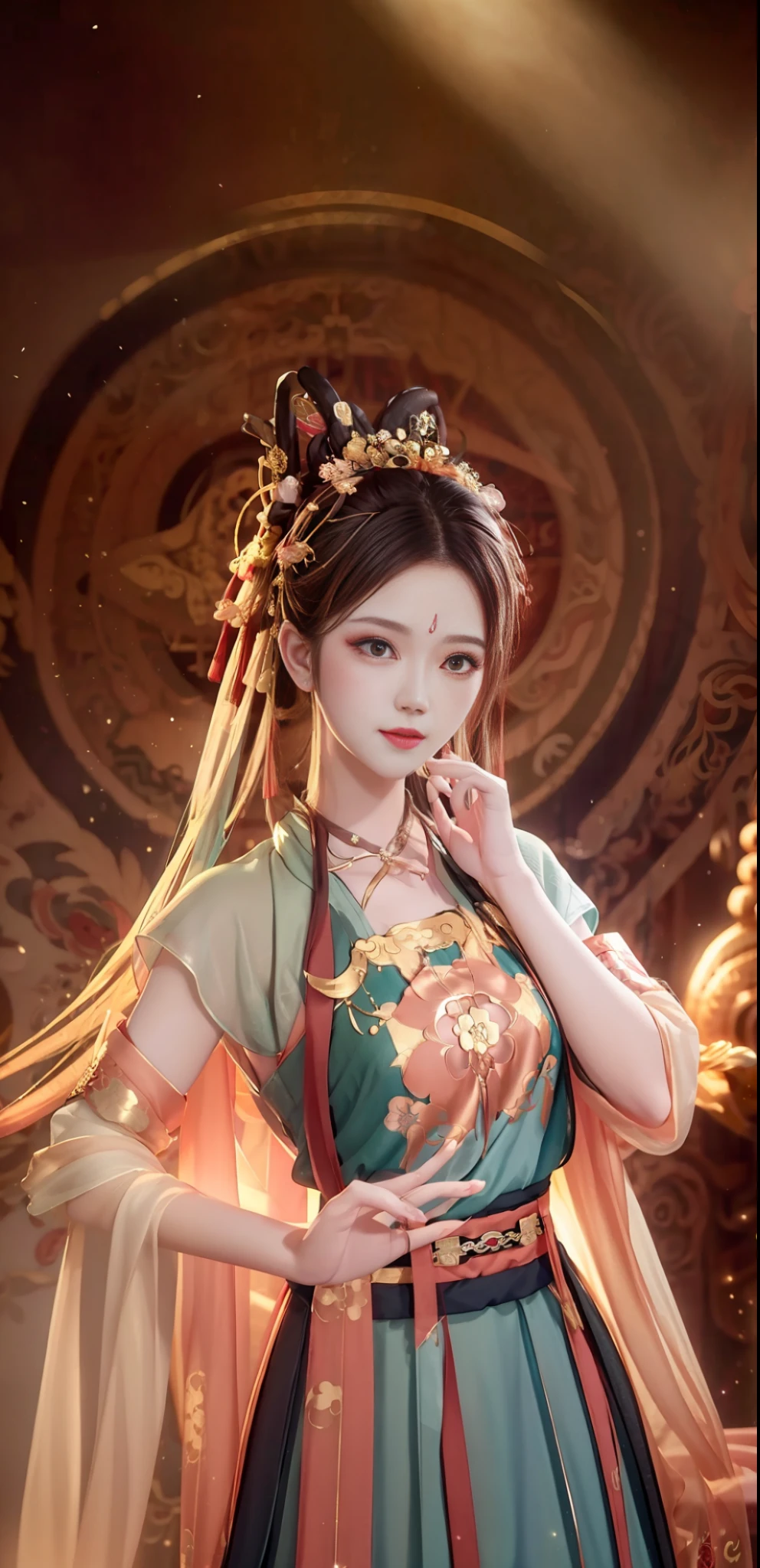 best quality, masterpiece, highres, 1girl,blush,(seductive smile:0.8),star-shaped pupils,china hanfu,hair ornament,necklace, jewelry,Beautiful face,upon_body, tyndall effect,photorealistic, dark studio, rim lighting, two tone lighting,(high detailed skin:1.2), 8k uhd, dslr, soft lighting, high quality, volumetric lighting, candid, Photograph, high resolution, 4k, 8k, Bokeh