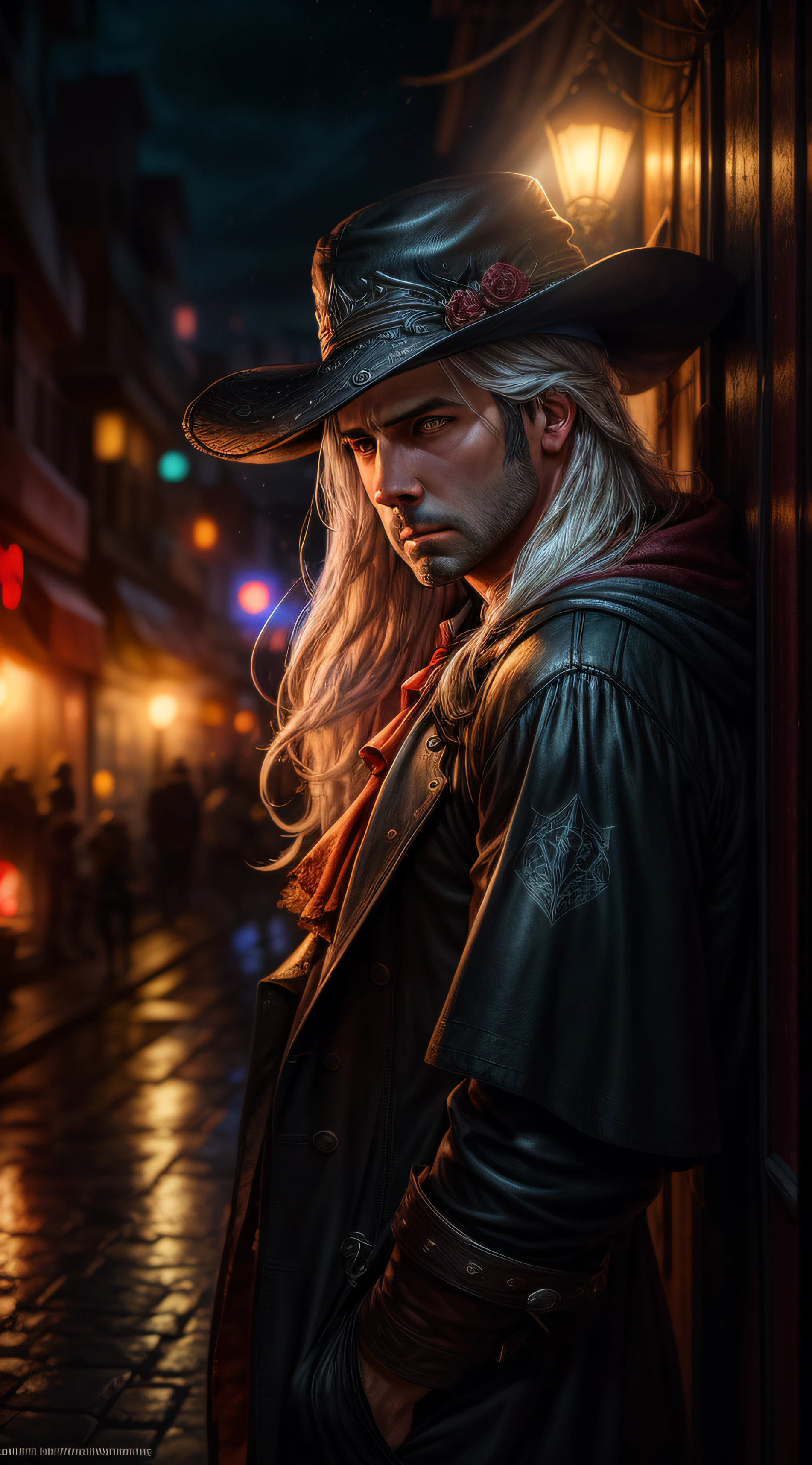 O premiado BEN AFFLECK, fotorrealista, master part, Closeup, retrato do personagem, Visualizador da frente,BEN AFFLECK , (olhos alaranjados), (olhos brilhantes), longos cabelos brancos, (Vintage Red Victorian Gothic Tailcoat Jacket), ( Ascot Preto), (Extreme Black Big Brim curvado para baixo / Men's Round Crown Hat), (Orelhas de Leprechaun), ,,,, chuvisco do'urden, thancred, Final Fantasy Sephiroth, albino mystic, Sephiroth, humano masculino como Geralt de rivia, Geralt, Rívia, quebrar, douto_Incorpora, 'Dreaming ethereal, ethereal, diffuse, illumination', «Bokeh, profundidade de campo rasa, desfoque de fundo', fundo fosco, 'double exposure, fotografia premiada', 'de Blade Runner 2049', 'fotografia urbana de rua', 'escuro, agourento, Assombrando, pressentimento, sombrio, tempestuoso, agourento, sombrio, angustiante', pele fotorrealista --auto
