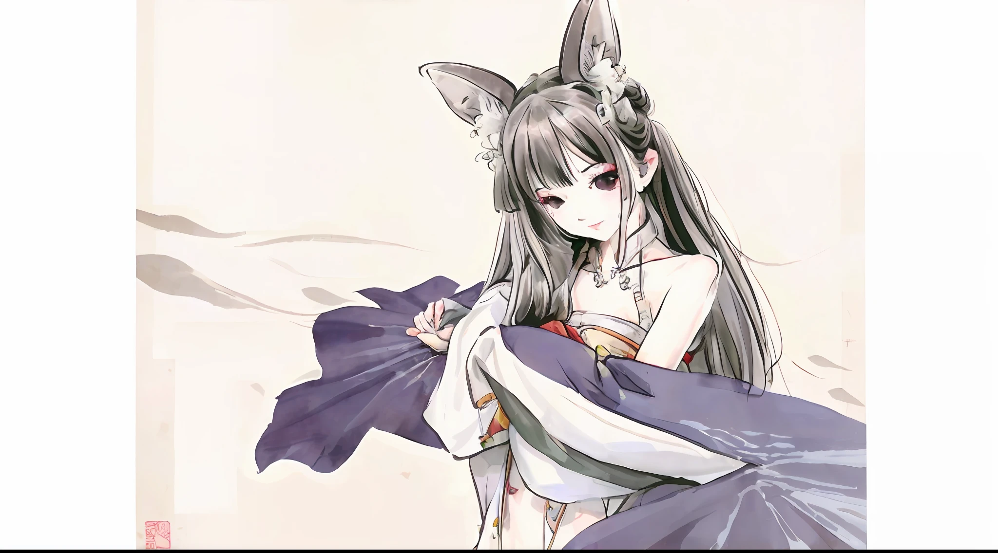 ((4k,masterpiece,best quality)), shuimobysim, Chinese painting, lotus, hanfu, maxiskit, dressed conservative 1 girl, solo, white hair, long hair, fox ears, white, bikini, fish, many fish close to the girl, looking at the audience, teasing