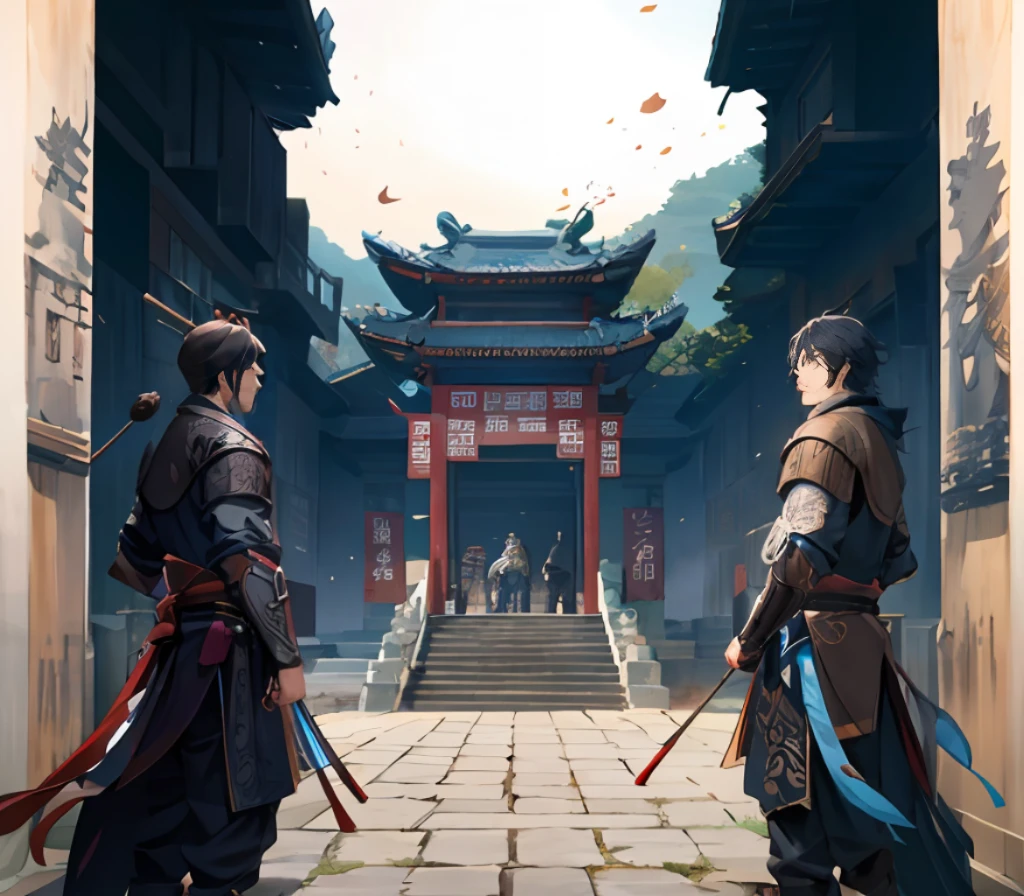 Within the Shuzhen Sect,Two men in armor stand in front of a building, A contest is coming,G Liulian art style, Guviz-style artwork, 2. 5 D CGI anime fantasy artwork, chinese three kingdoms, yiqiang and shurakrgt, cyberpunk chinese ancient castle, Wuxia, detailed game art illustration, from three kingdoms, by Yang J, Guviz