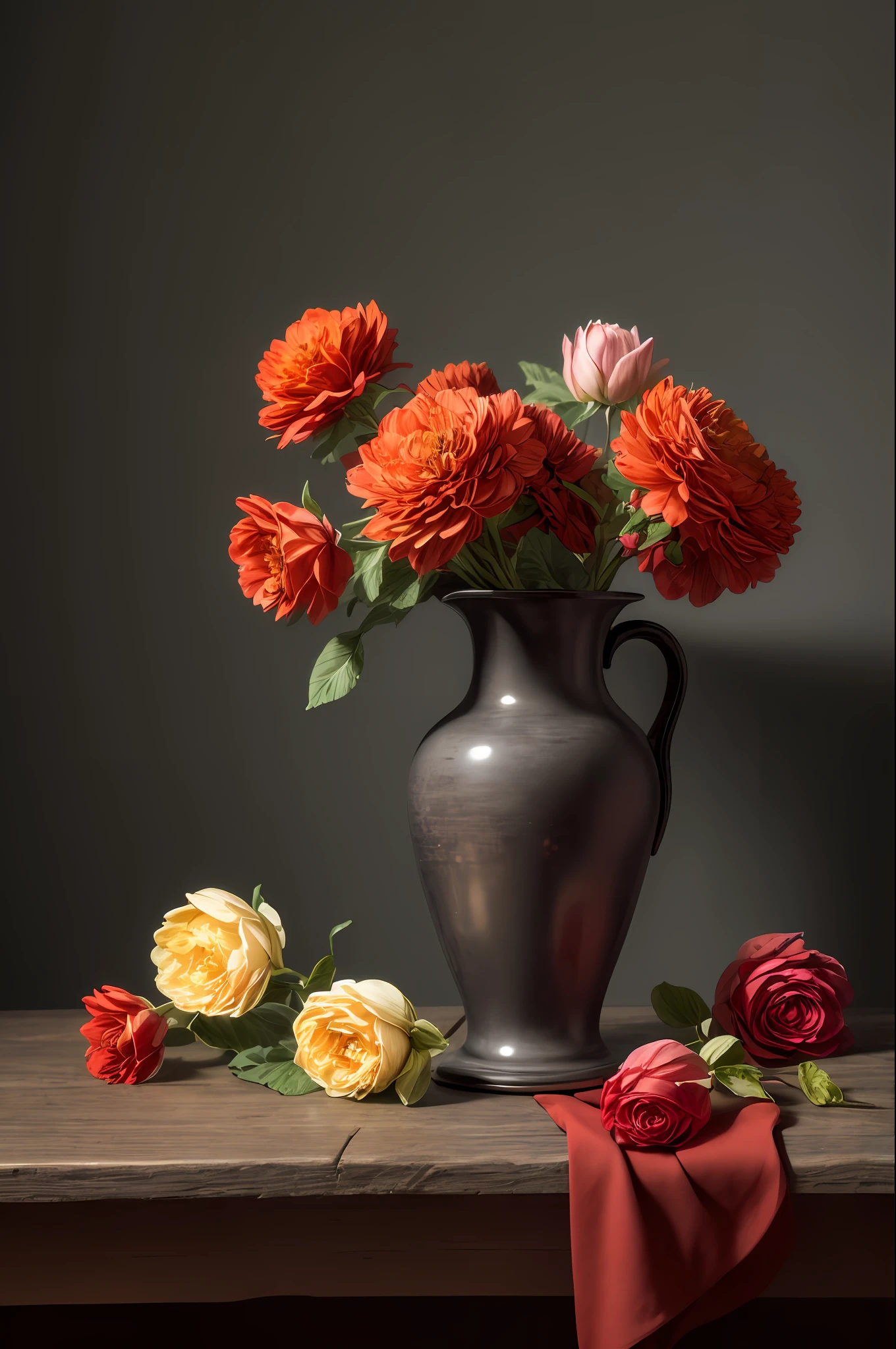 (masterpiece), (best quality), (still_life:1.3), no humans, Simple background, old, realistic, Rembrandt lights, 8K, Ultra-HD, hyper-realistic, vibrant, 8k, detailed, ultra detail, soothing tones, muted colors, fresh flowers,
