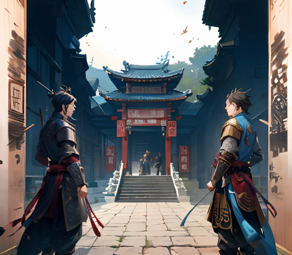 Within the Shuzhen Sect,Two men in armor stand in front of a building, A contest is coming,G Liulian art style, Guviz-style artwork, 2. 5 D CGI anime fantasy artwork, chinese three kingdoms, yiqiang and shurakrgt, cyberpunk chinese ancient castle, Wuxia, detailed game art illustration, from three kingdoms, by Yang J, Guviz
