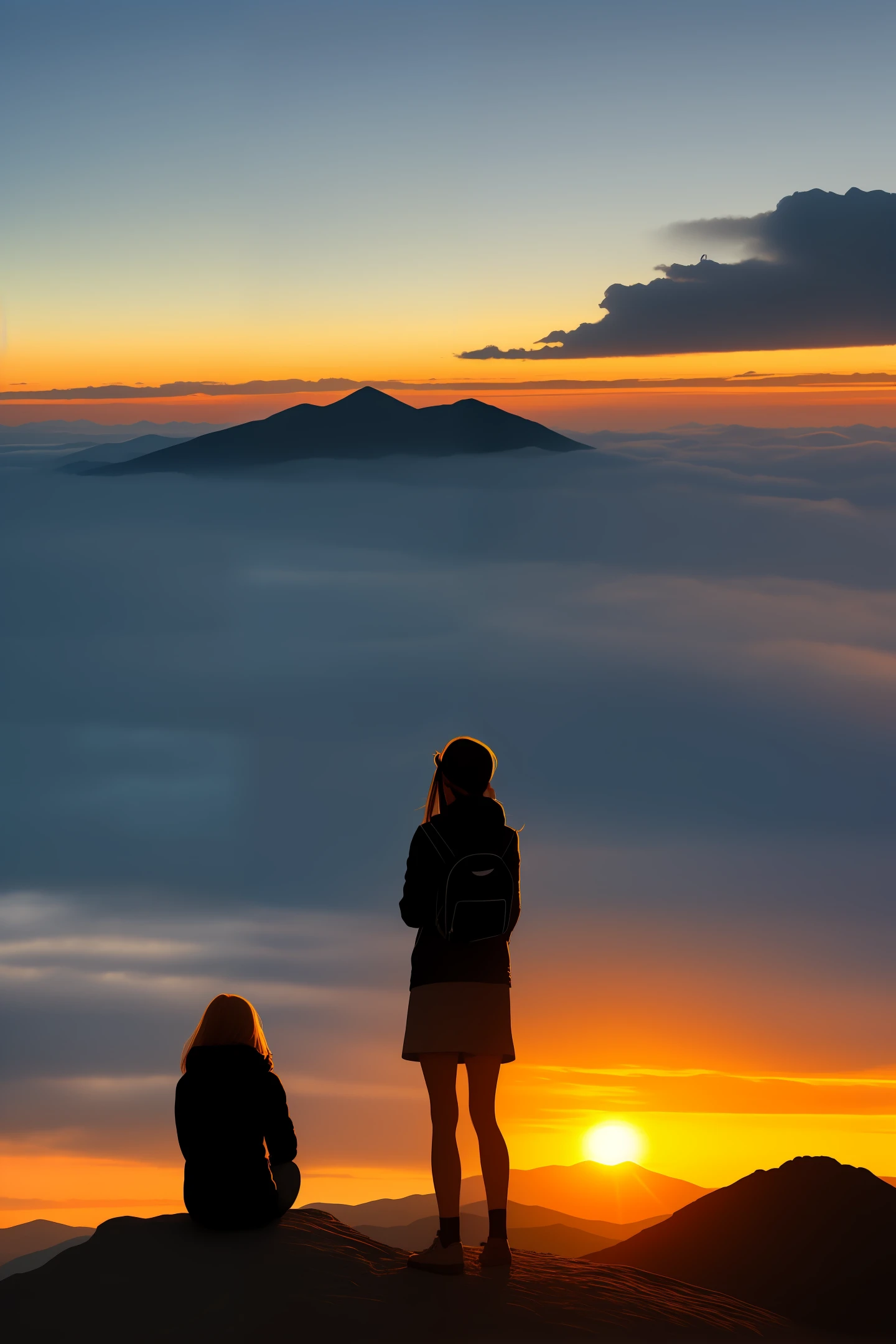 A maiden watching the sunset at the top of a mountain